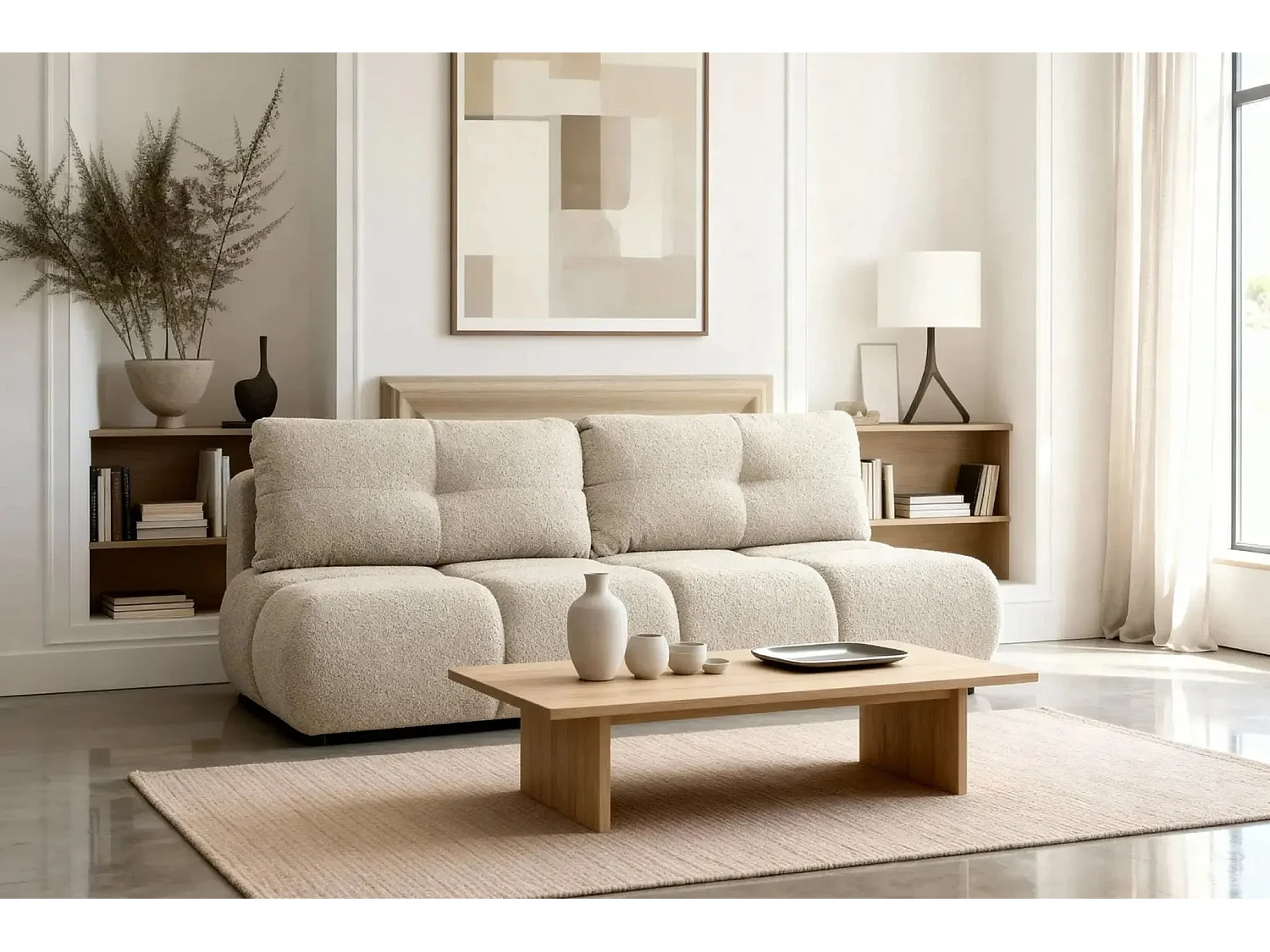 CONSTANCE MINI - Canapé droit convertible tissu bouclette 2 places - Beige