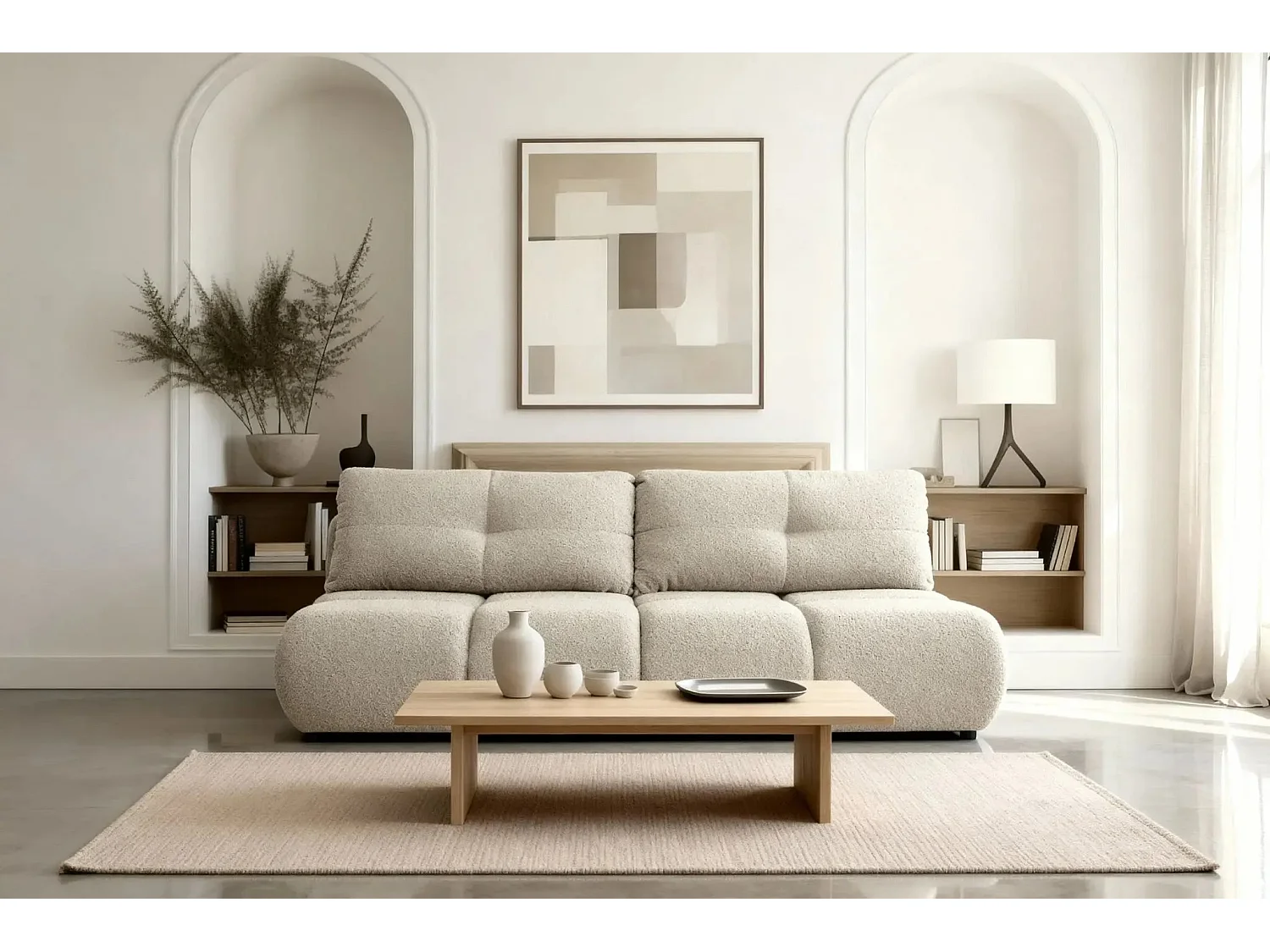 CONSTANCE MINI - Canapé droit convertible tissu bouclette 2 places - Beige