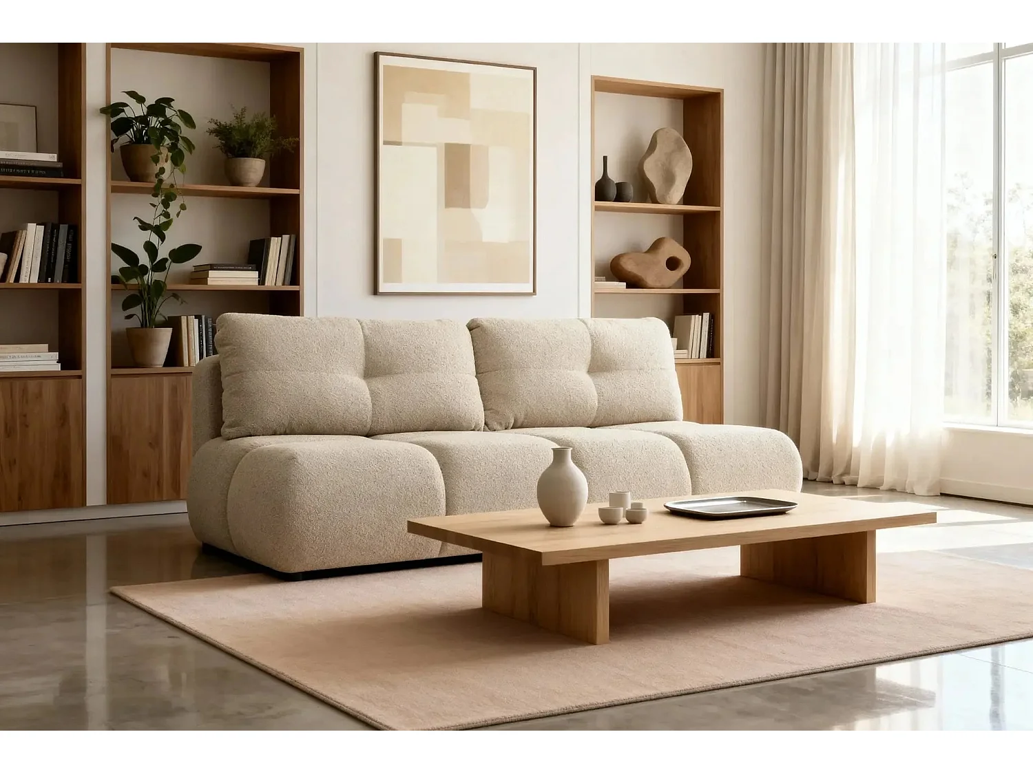 CONSTANCE MINI - Canapé droit convertible tissu bouclette 2 places - Beige