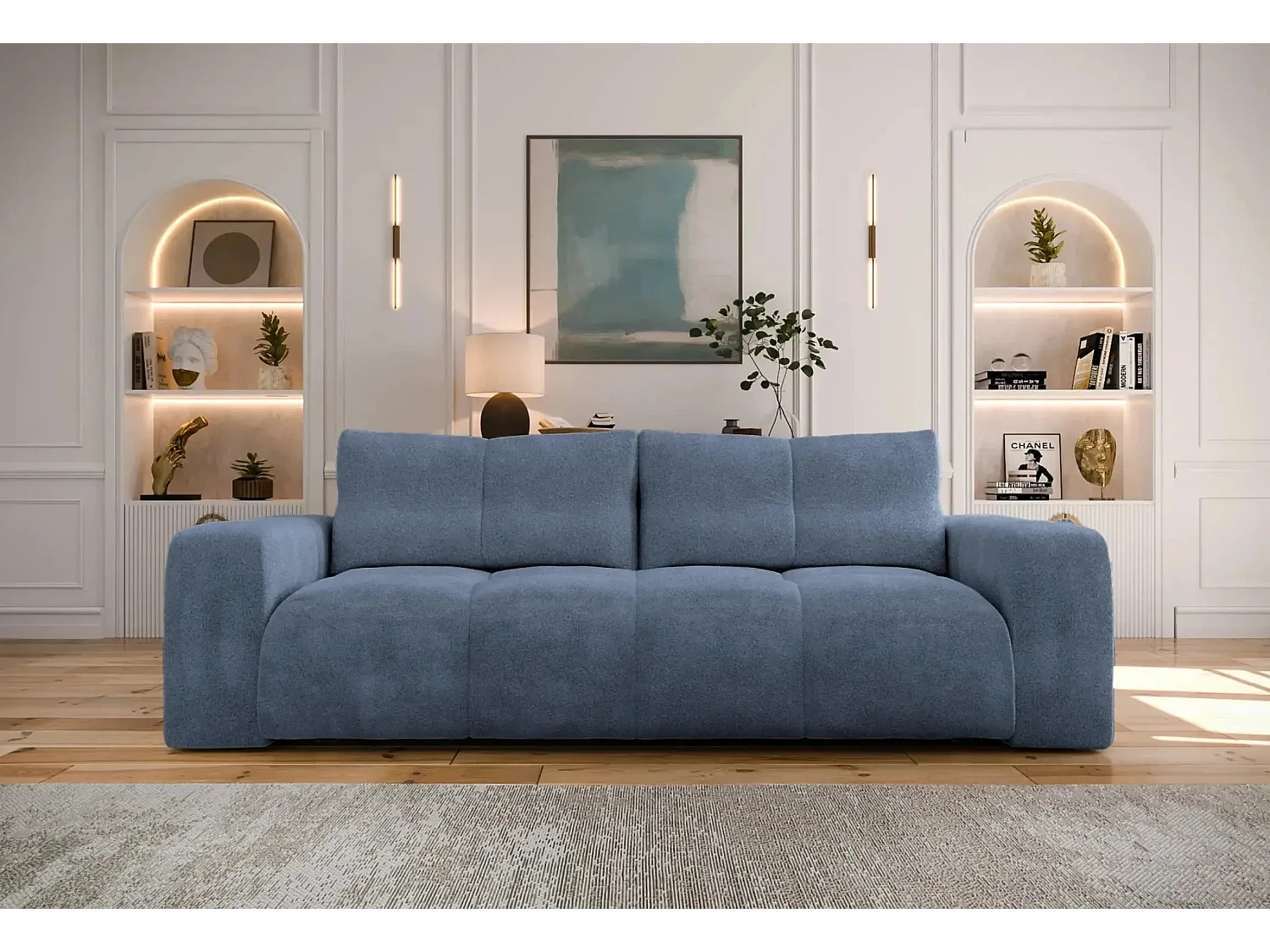 CONSTANCE - Canapé droit convertible tissu bouclette 3 places - Bleu