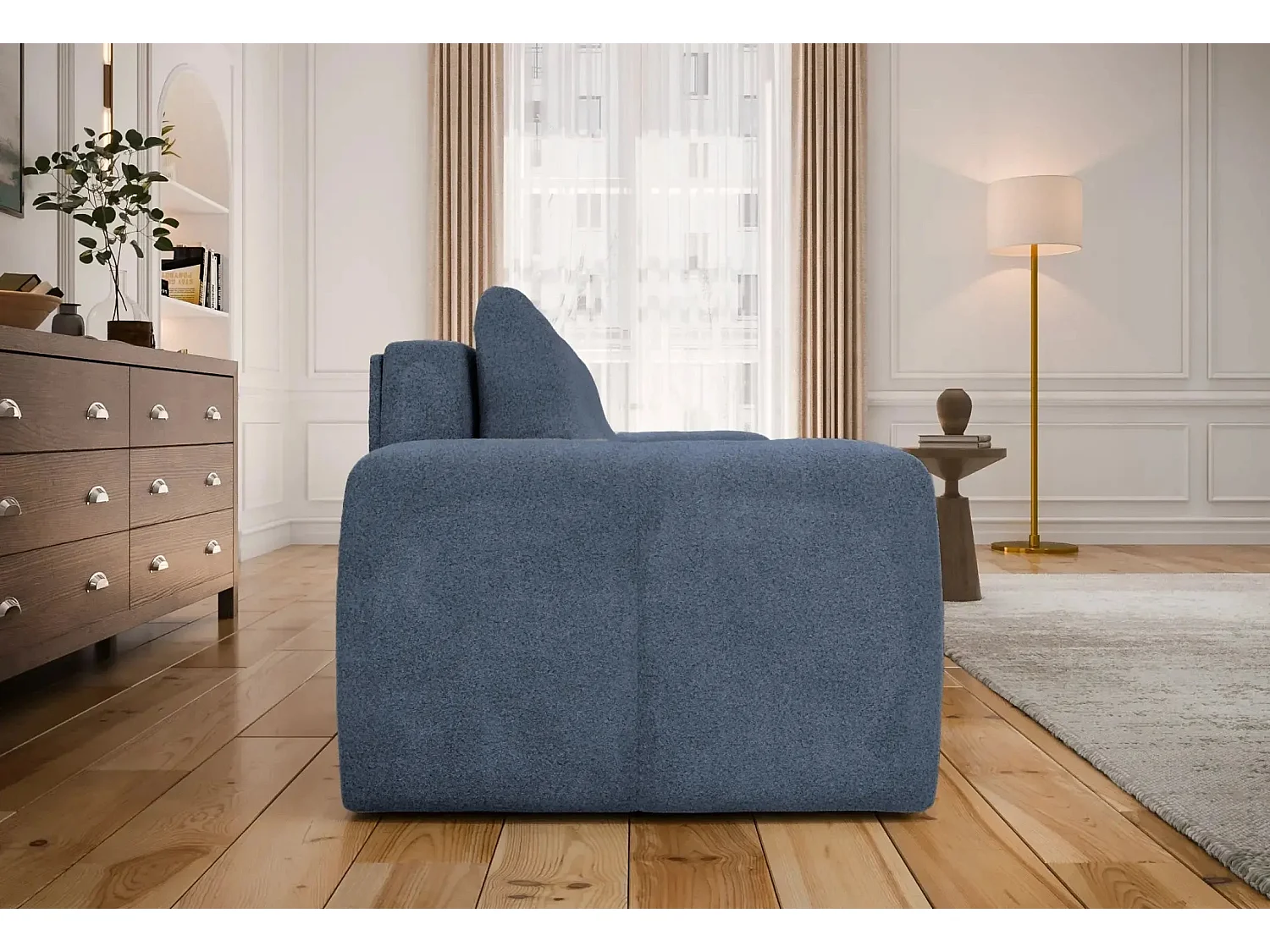 CONSTANCE - Canapé droit convertible tissu bouclette 3 places - Bleu