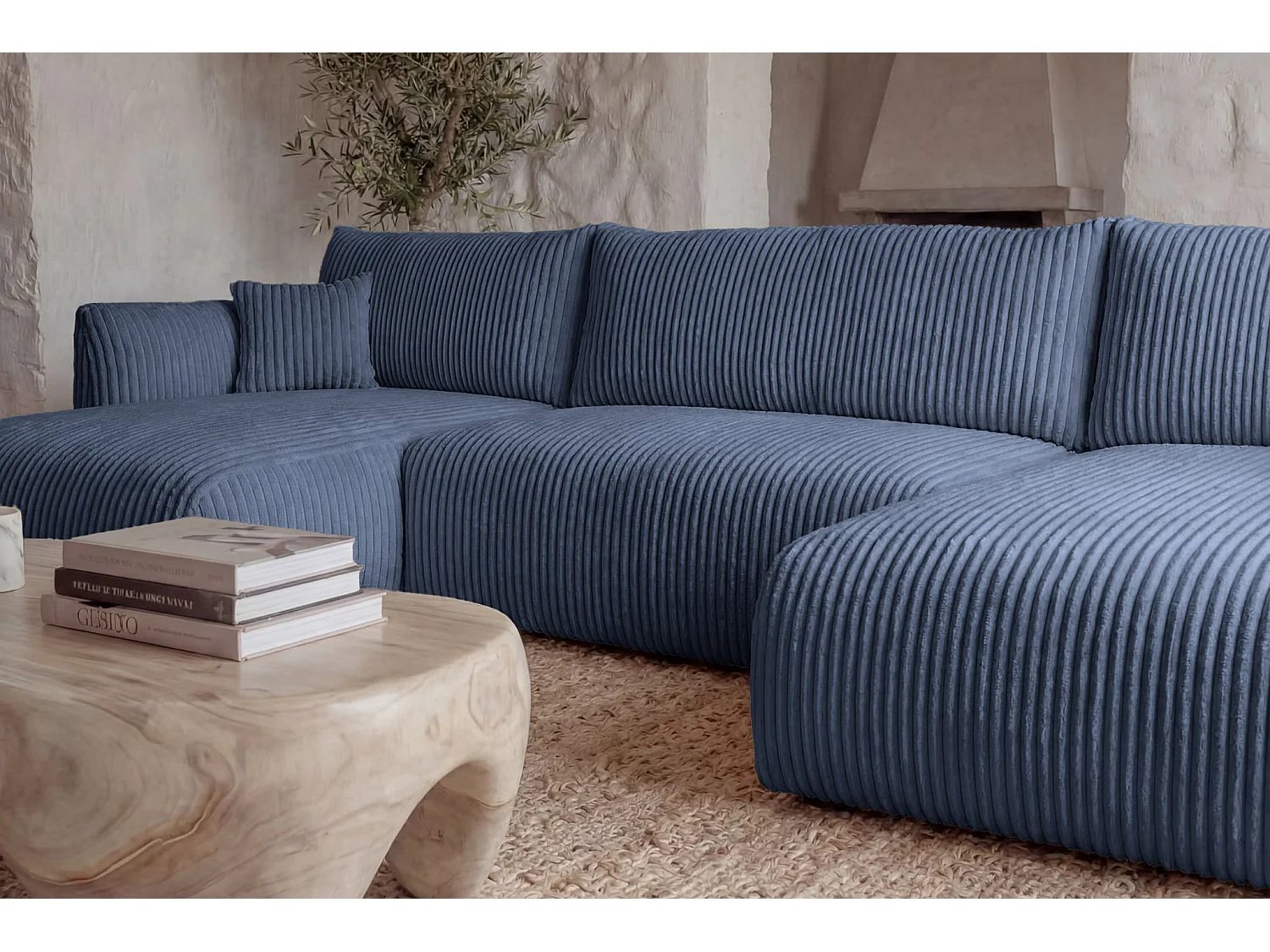 ELIO - Canapé panoramique convertible gros velours côtelé 5 places - Bleu