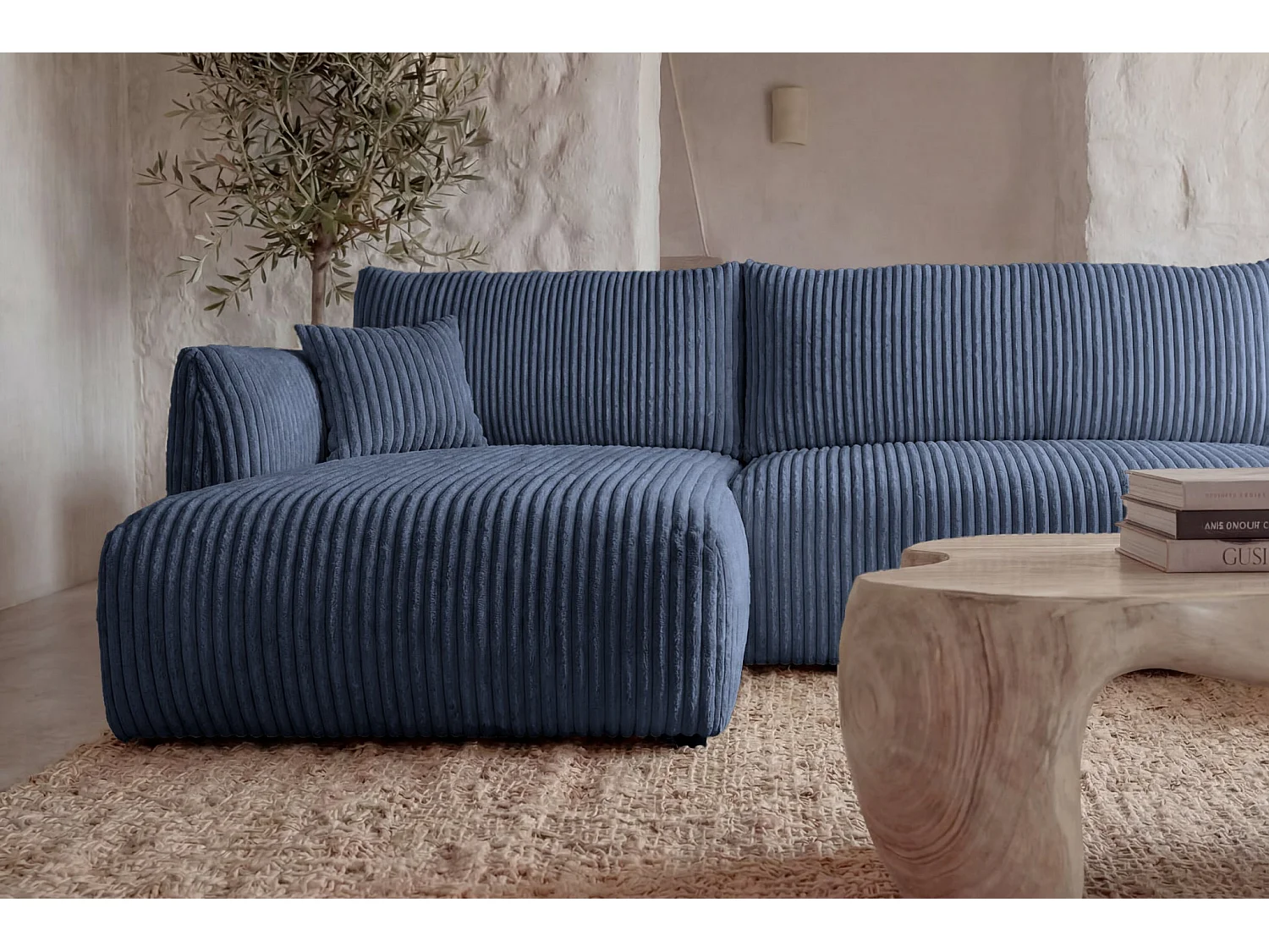 ELIO - Canapé panoramique convertible gros velours côtelé 5 places - Bleu