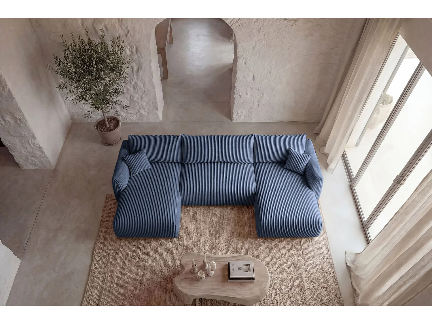 ELIO - Canapé panoramique convertible gros velours côtelé 5 places - Bleu