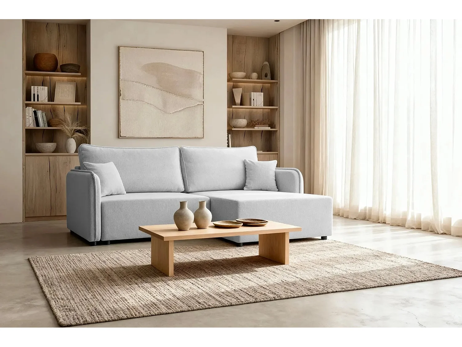 BONNIE - Canapé d'angle convertible tissu lisse 3 places - Gris clair - Gauche