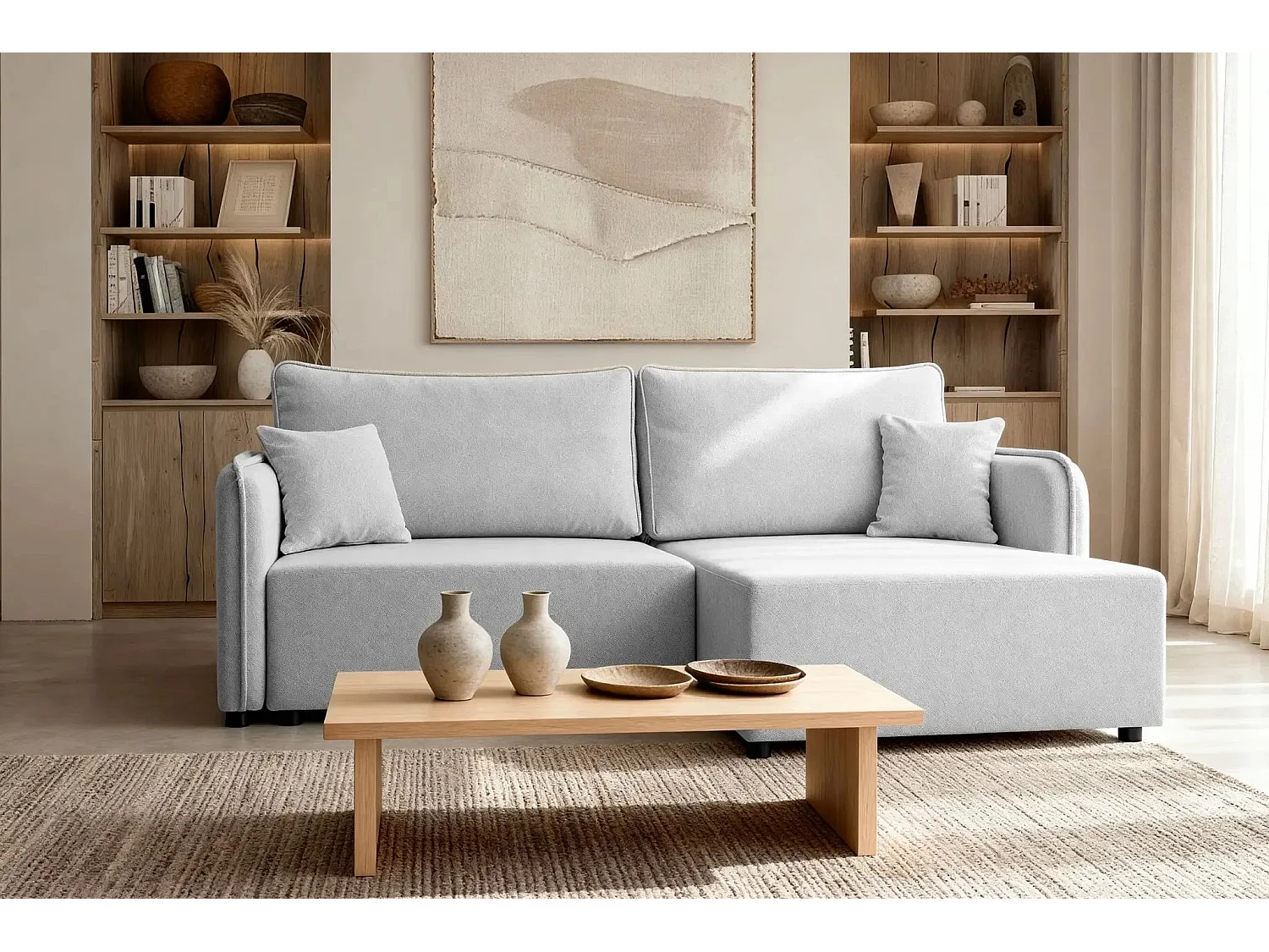 BONNIE - Canapé d'angle convertible tissu lisse 3 places - Gris clair - Gauche