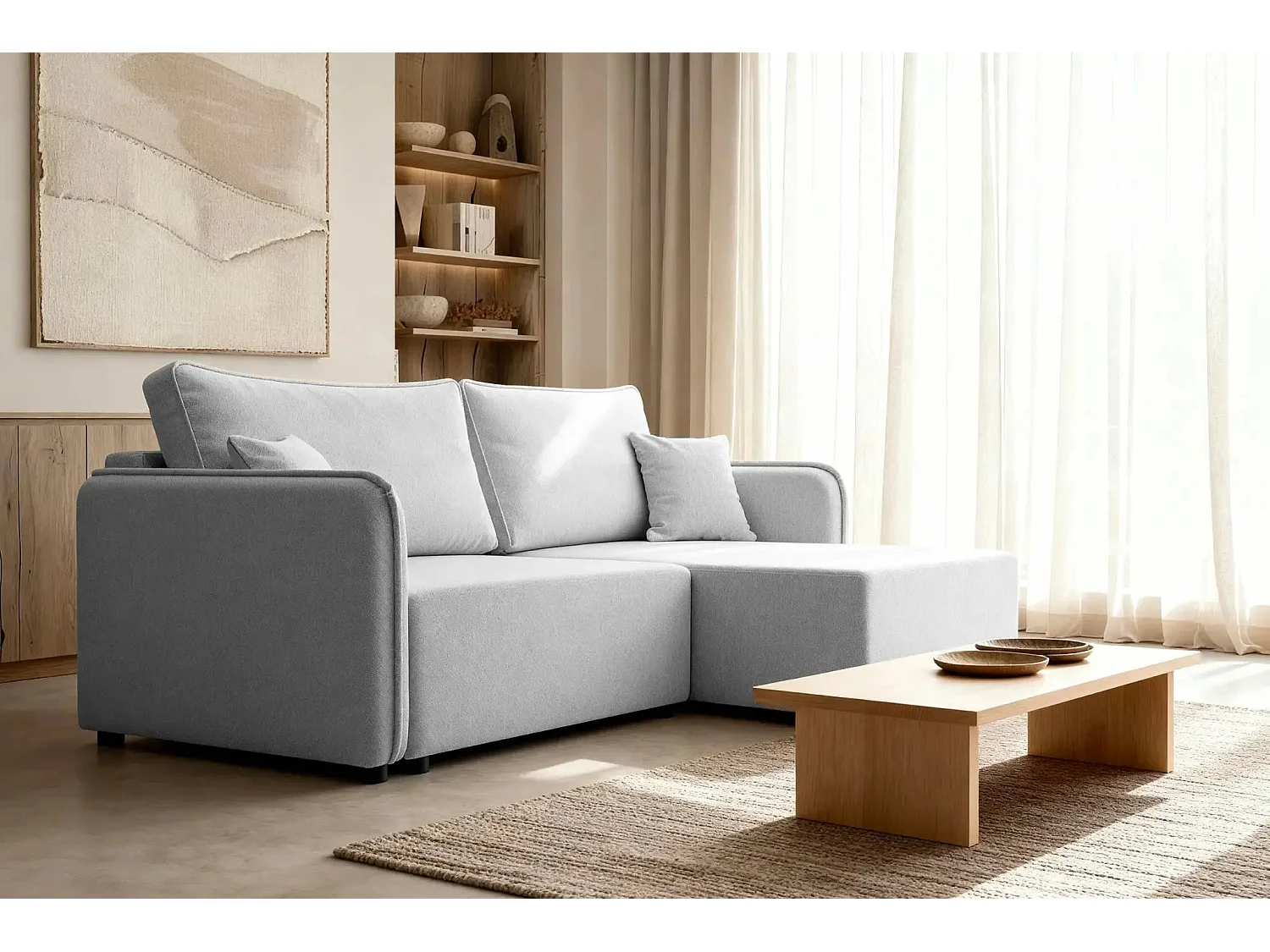 BONNIE - Canapé d'angle convertible tissu lisse 3 places - Gris clair - Gauche