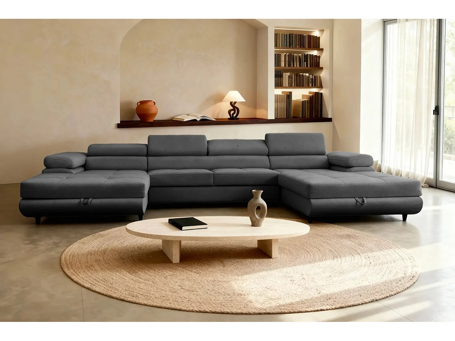 CHARLIE - Canapé panoramique convertible tissu chiné 5 places - Gris foncé