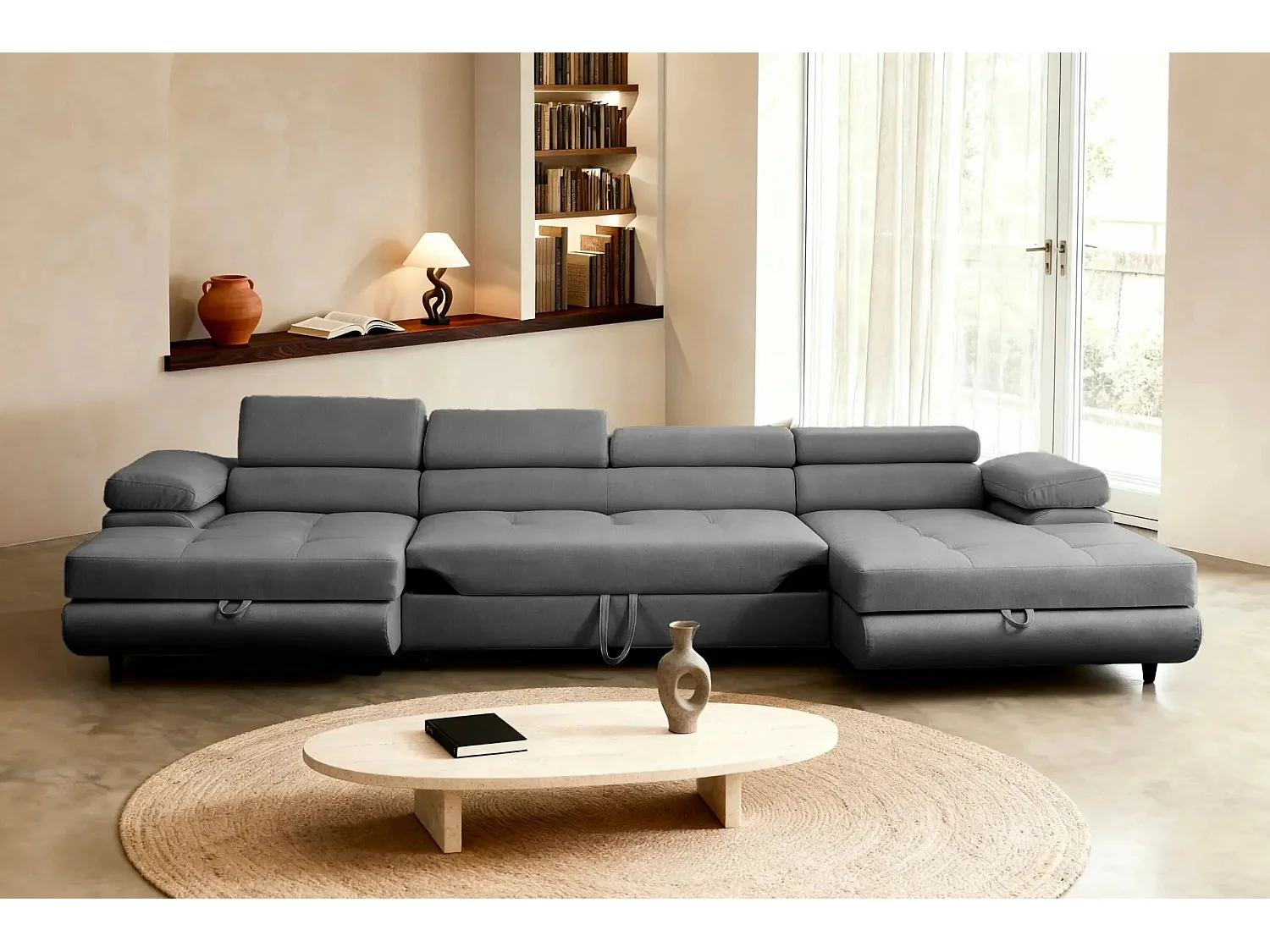 CHARLIE - Canapé panoramique convertible tissu chiné 5 places - Gris foncé