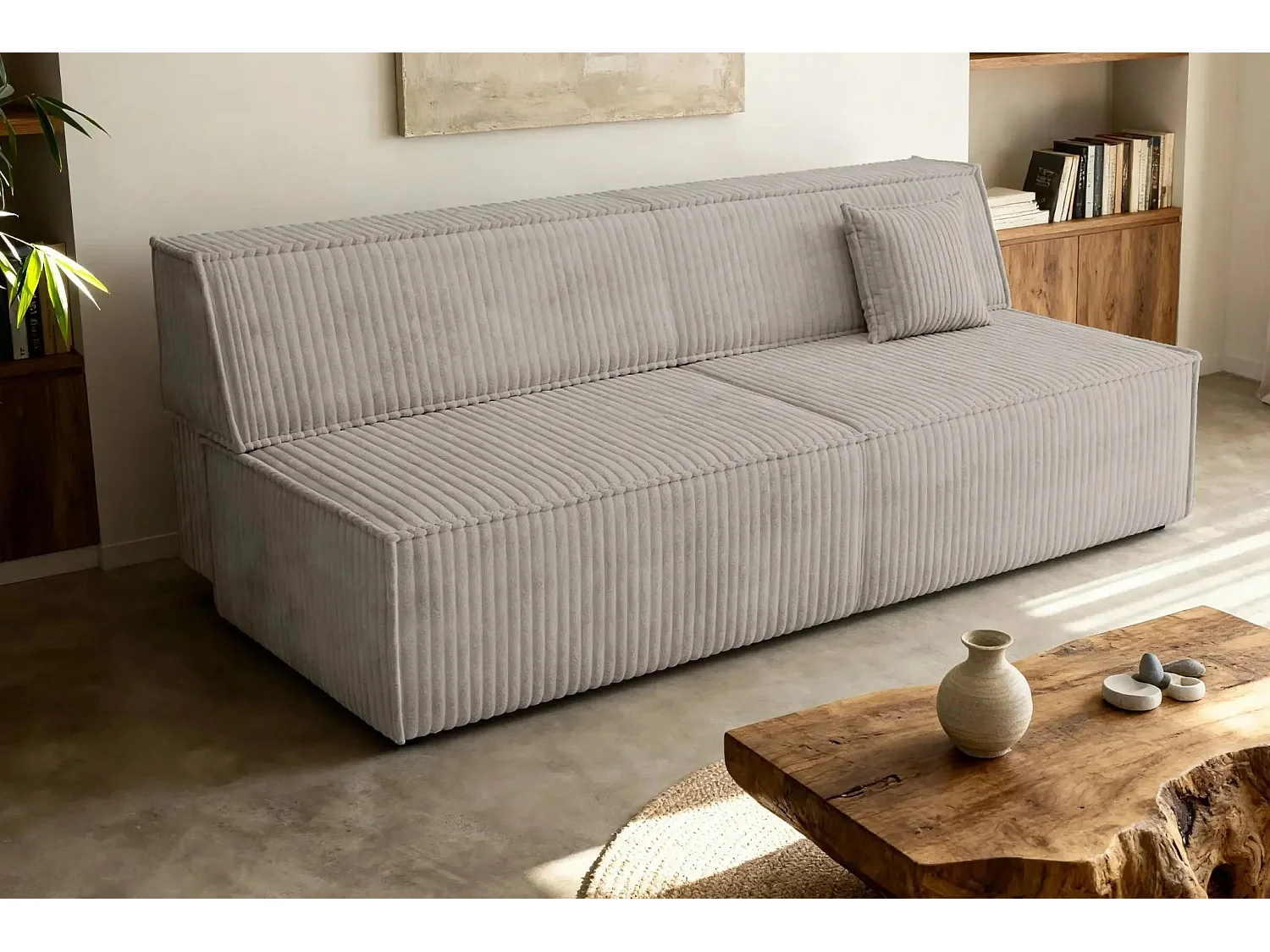 BURANO - Canapé droit convertible velours côtelé 2 places - Gris clair