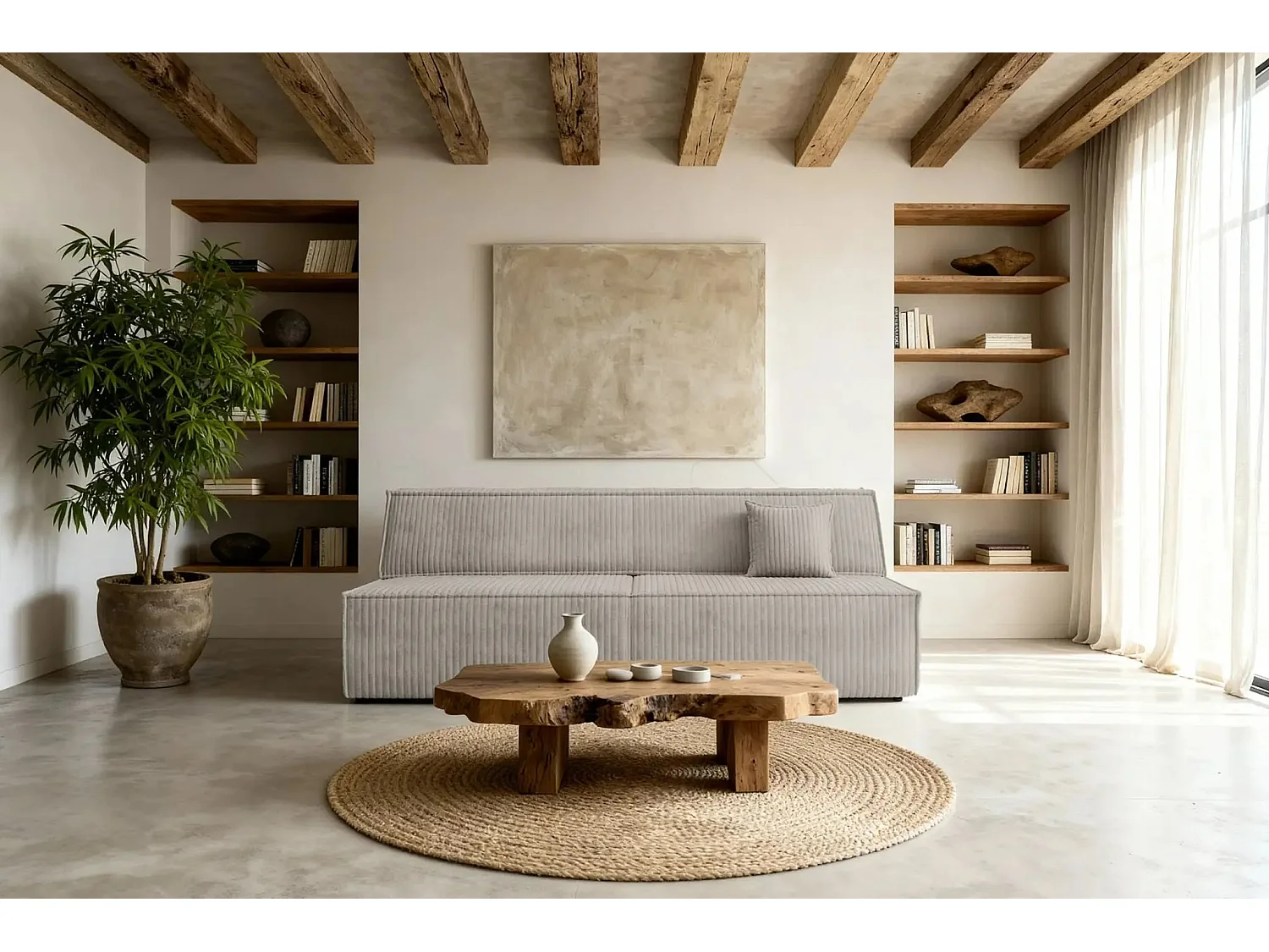 BURANO - Canapé droit convertible velours côtelé 2 places - Gris clair