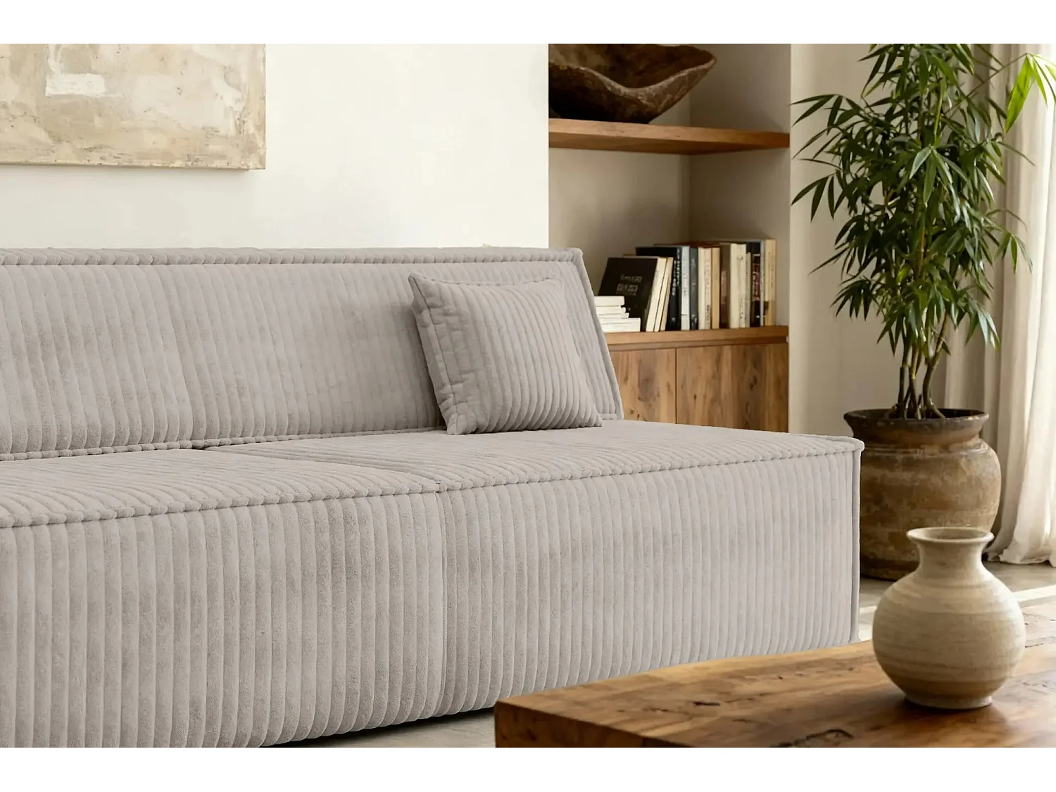 BURANO - Canapé droit convertible velours côtelé 2 places - Gris clair