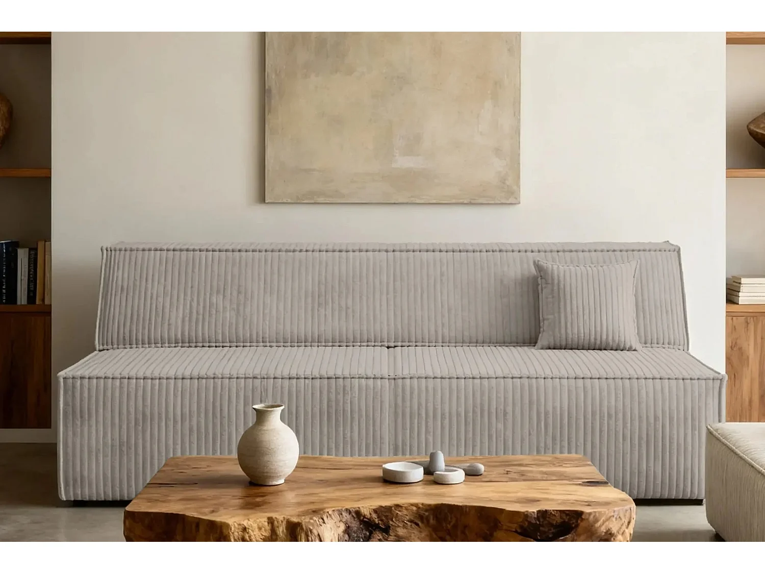 BURANO - Canapé droit convertible velours côtelé 2 places - Gris clair