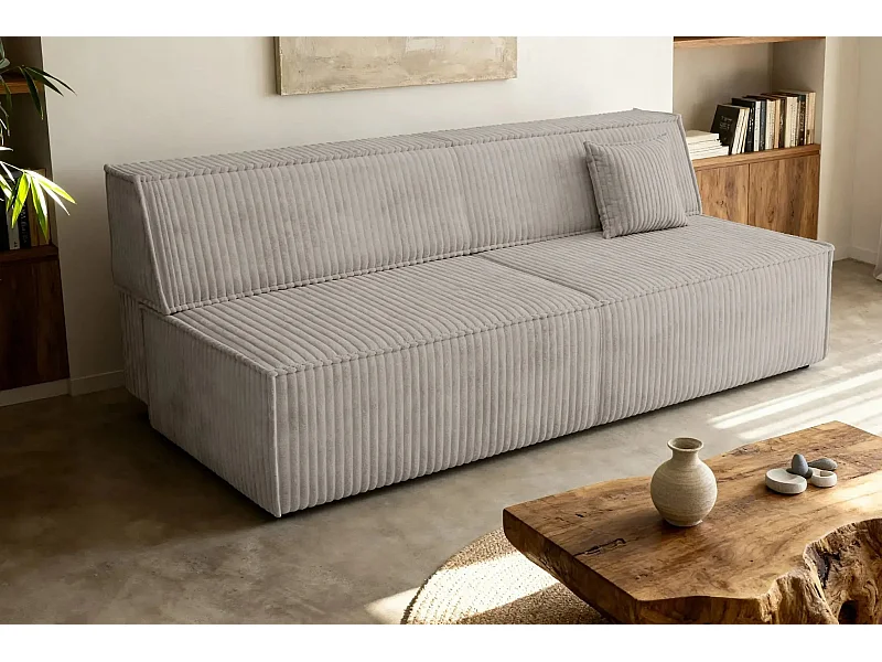BURANO - Canapé droit convertible velours côtelé 2 places - Gris clair
