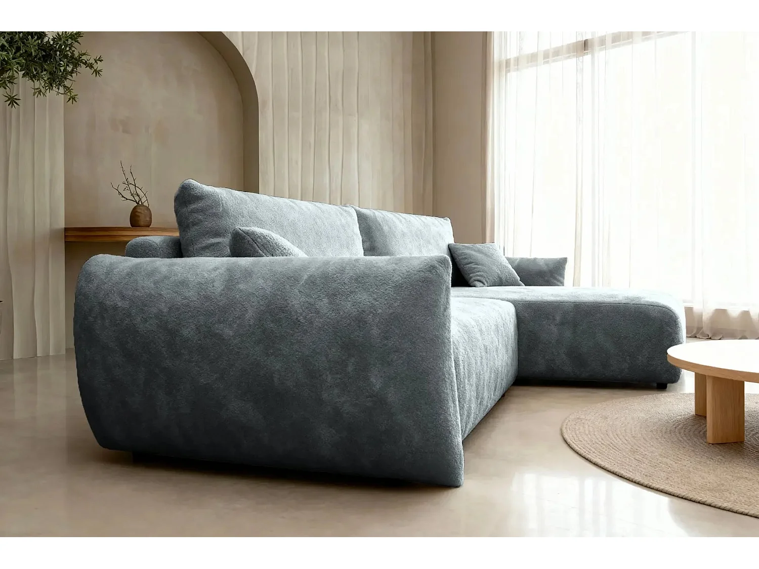 ELIO - Canapé d'angle convertible tissu bouclette 4 places - Gris