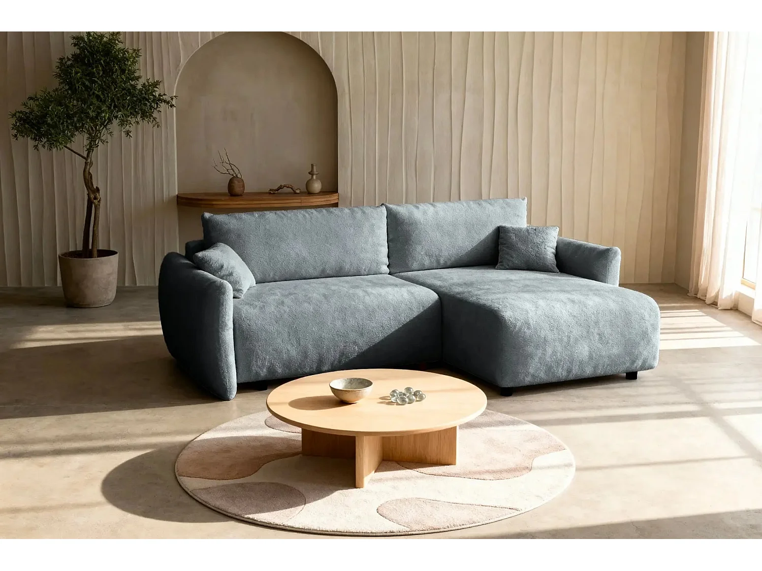 ELIO - Canapé d'angle convertible tissu bouclette 4 places - Gris