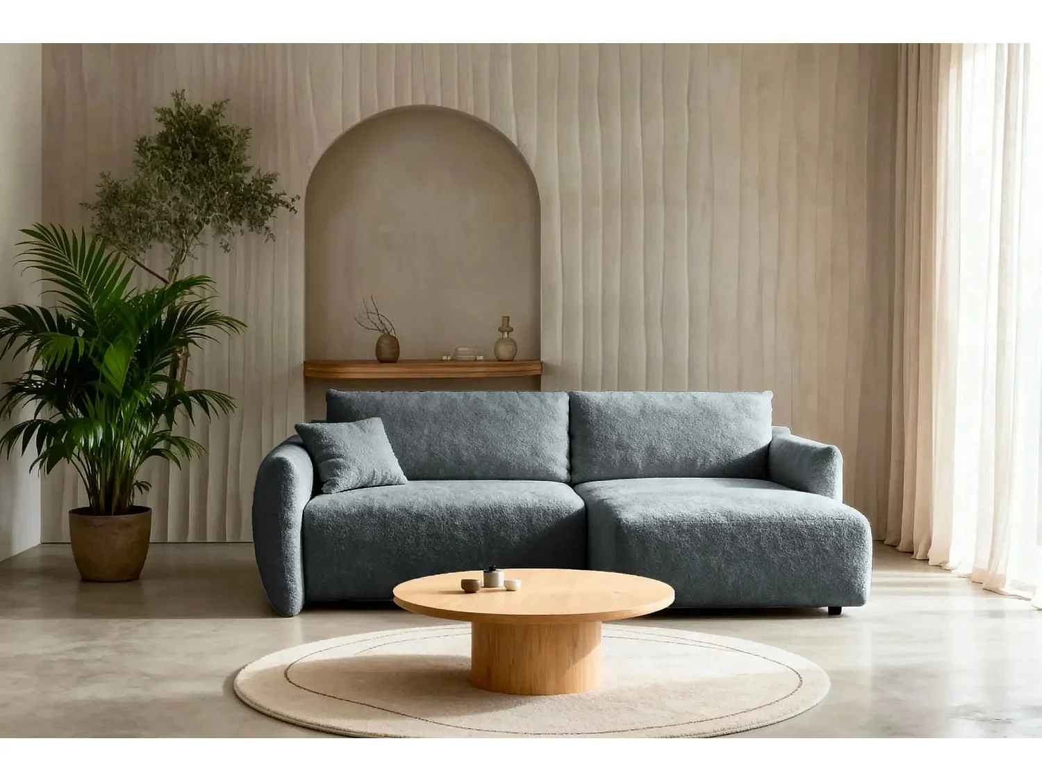 ELIO - Canapé d'angle convertible tissu bouclette 4 places - Gris