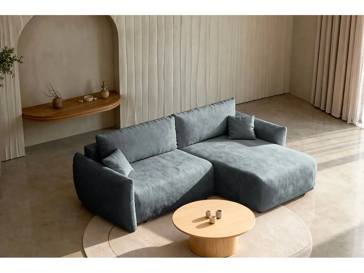 ELIO - Canapé d'angle convertible tissu bouclette 4 places - Gris