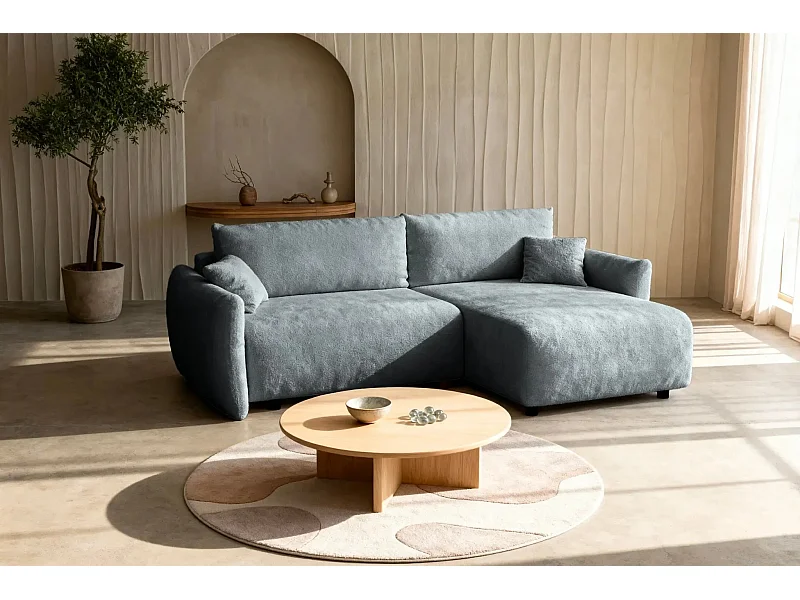 ELIO - Canapé d'angle convertible tissu bouclette 4 places - Gris