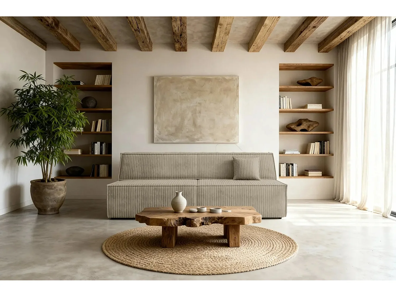 BURANO - Canapé droit convertible velours côtelé 2 places - Café