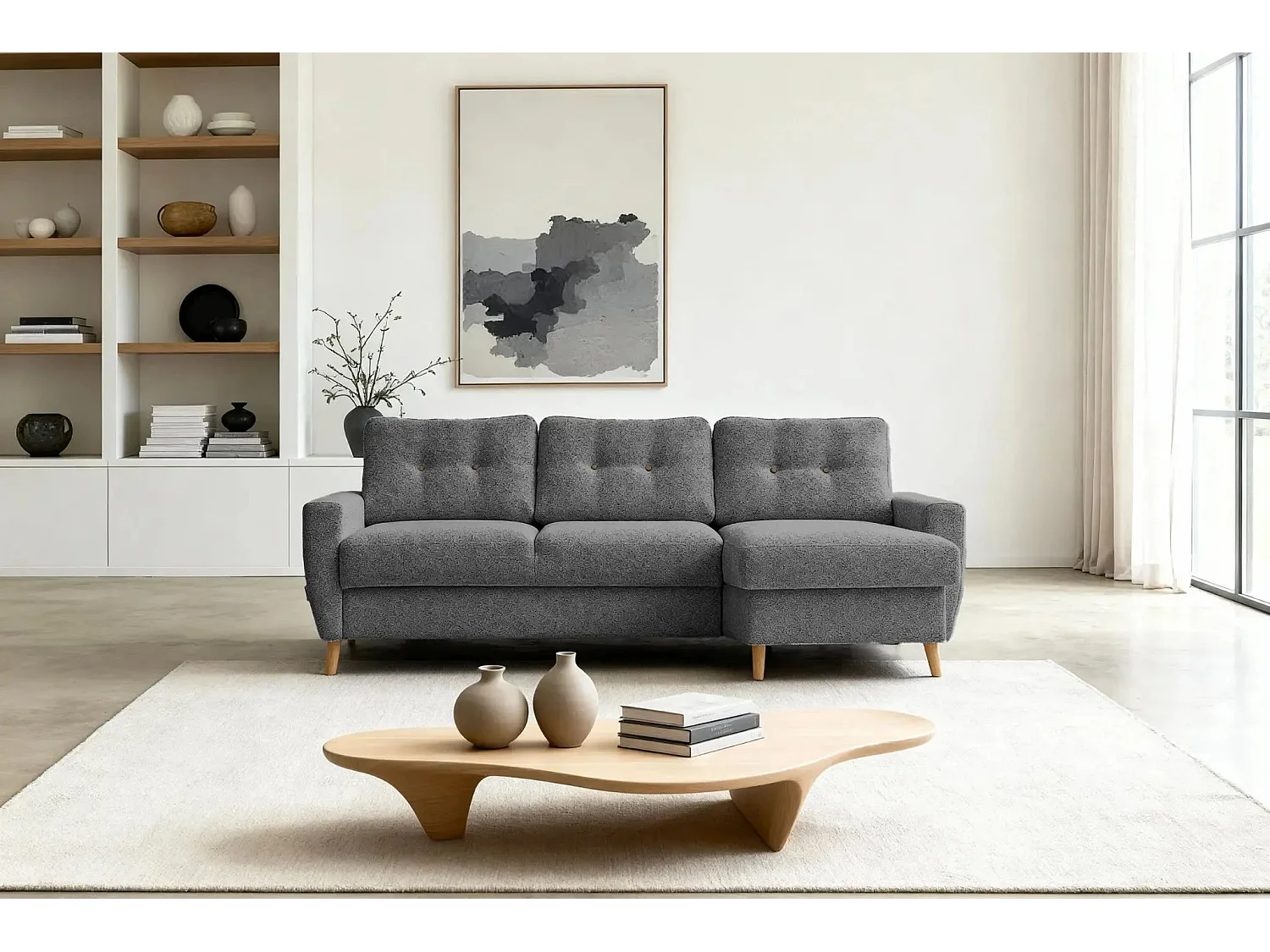 GASPARD - Canapé d'angle convertible tissu bouclette 4 places - Gris - Gauche