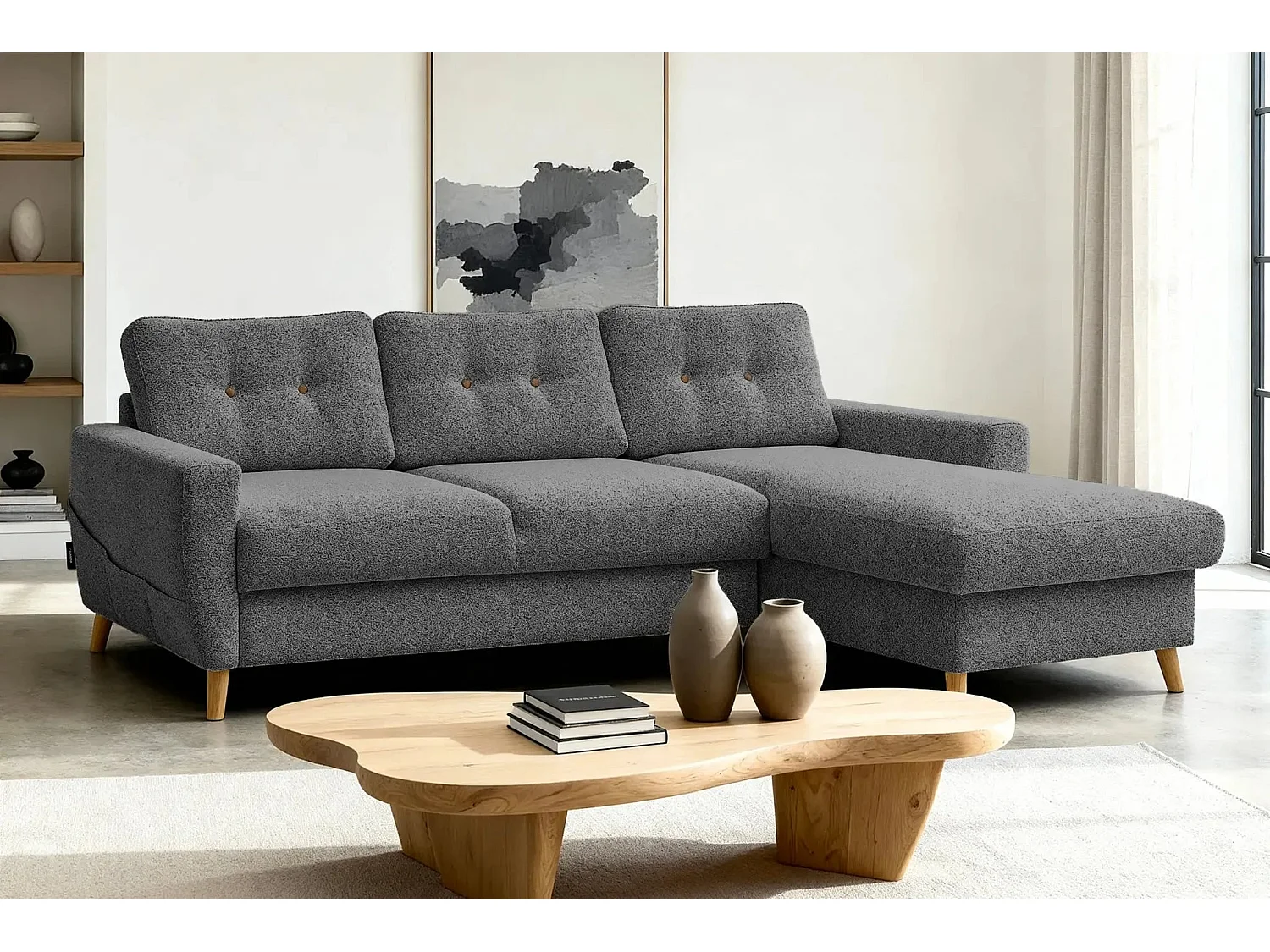 GASPARD - Canapé d'angle convertible tissu bouclette 4 places - Gris - Gauche