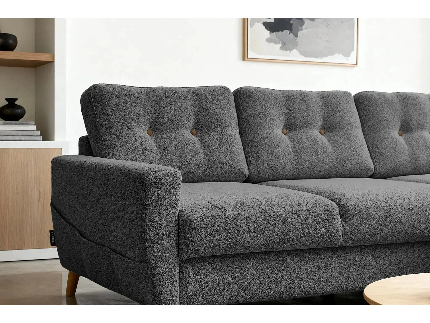 GASPARD - Canapé d'angle convertible tissu bouclette 4 places - Gris - Gauche