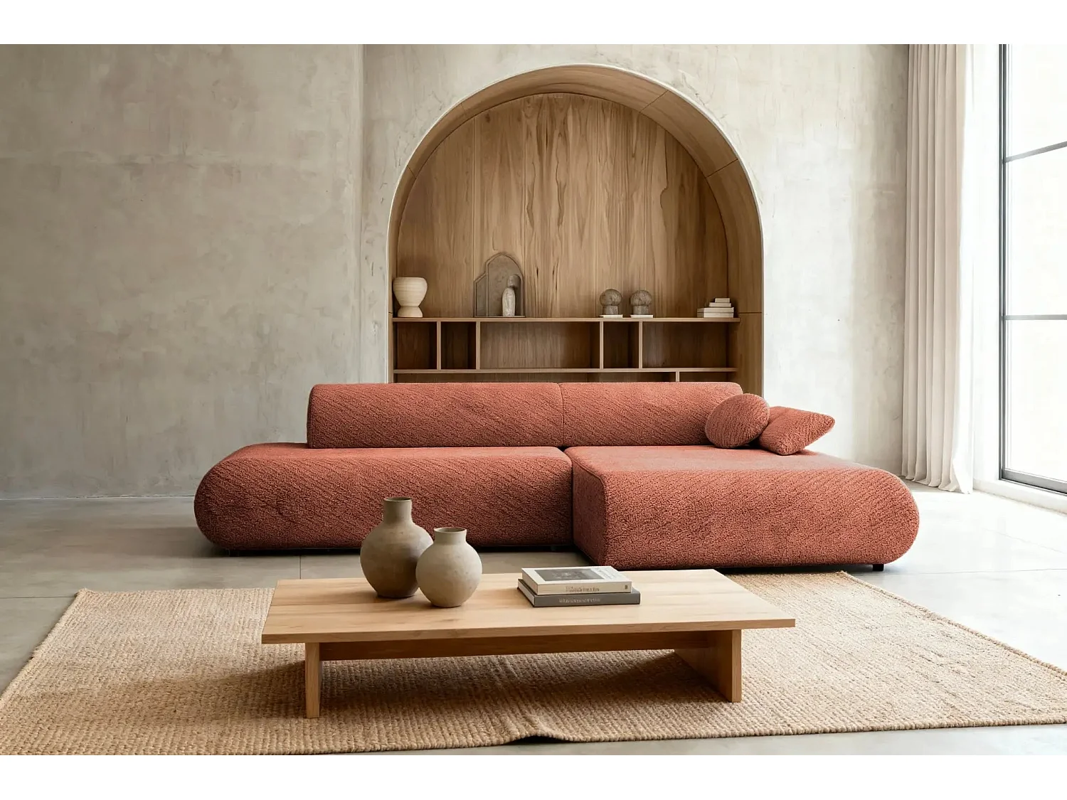 LEVI - Canapé d'angle convertible tissu lisse 3 places - Terracotta - Gauche