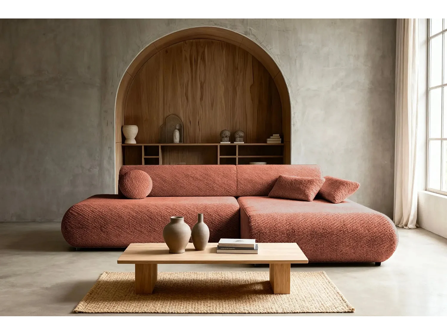 LEVI - Canapé d'angle convertible tissu lisse 3 places - Terracotta - Gauche