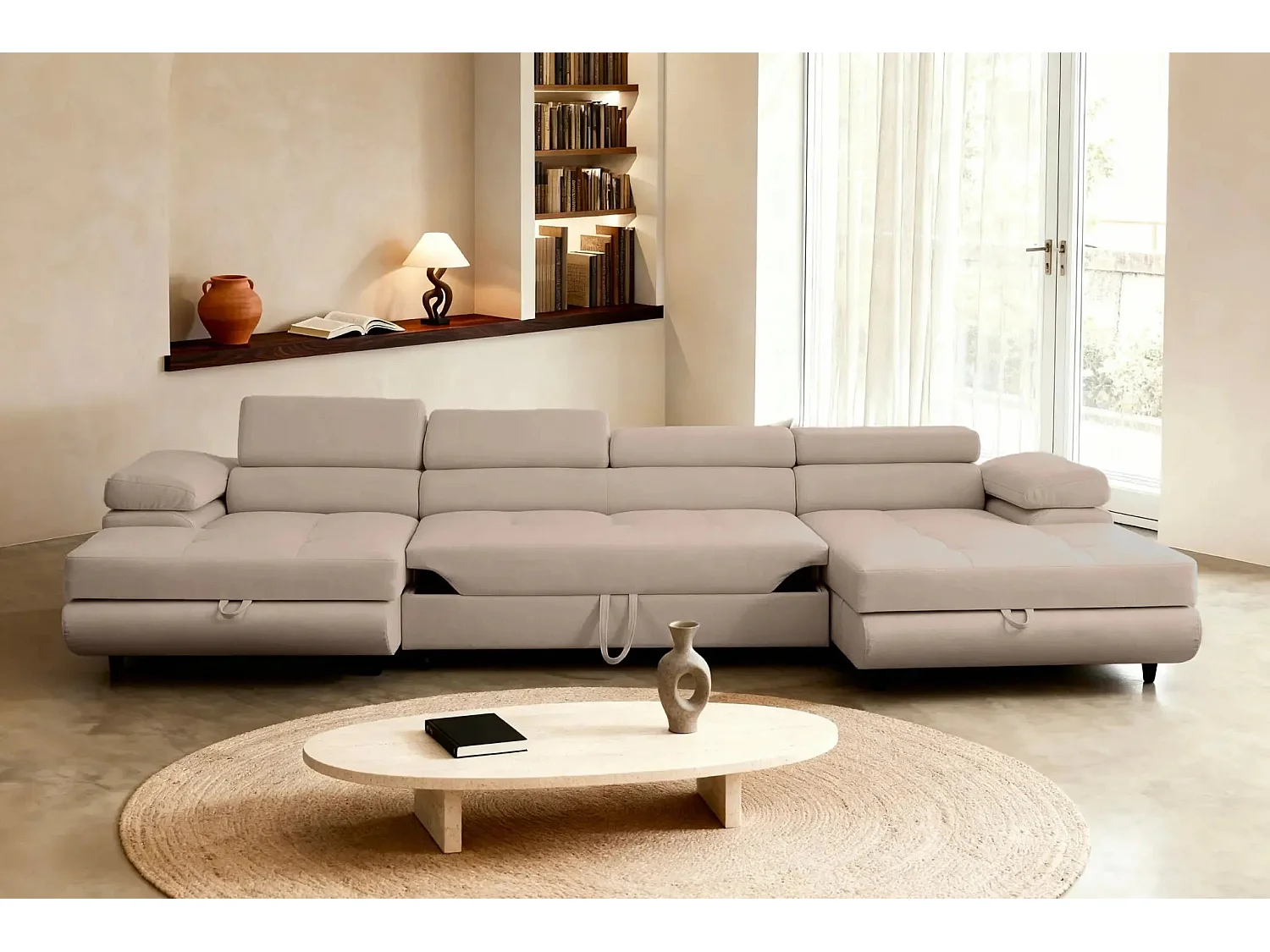 CHARLIE - Canapé panoramique convertible tissu chiné 5 places - Café