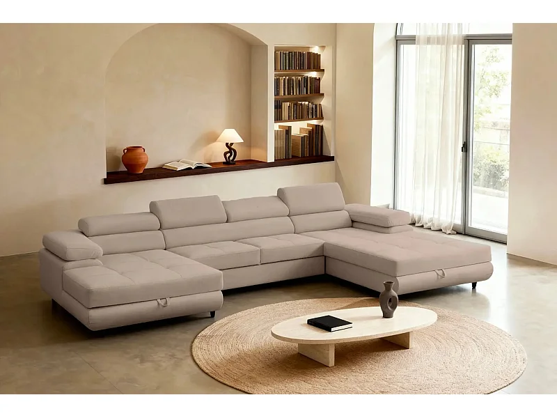 CHARLIE - Canapé panoramique convertible tissu chiné 5 places - Café