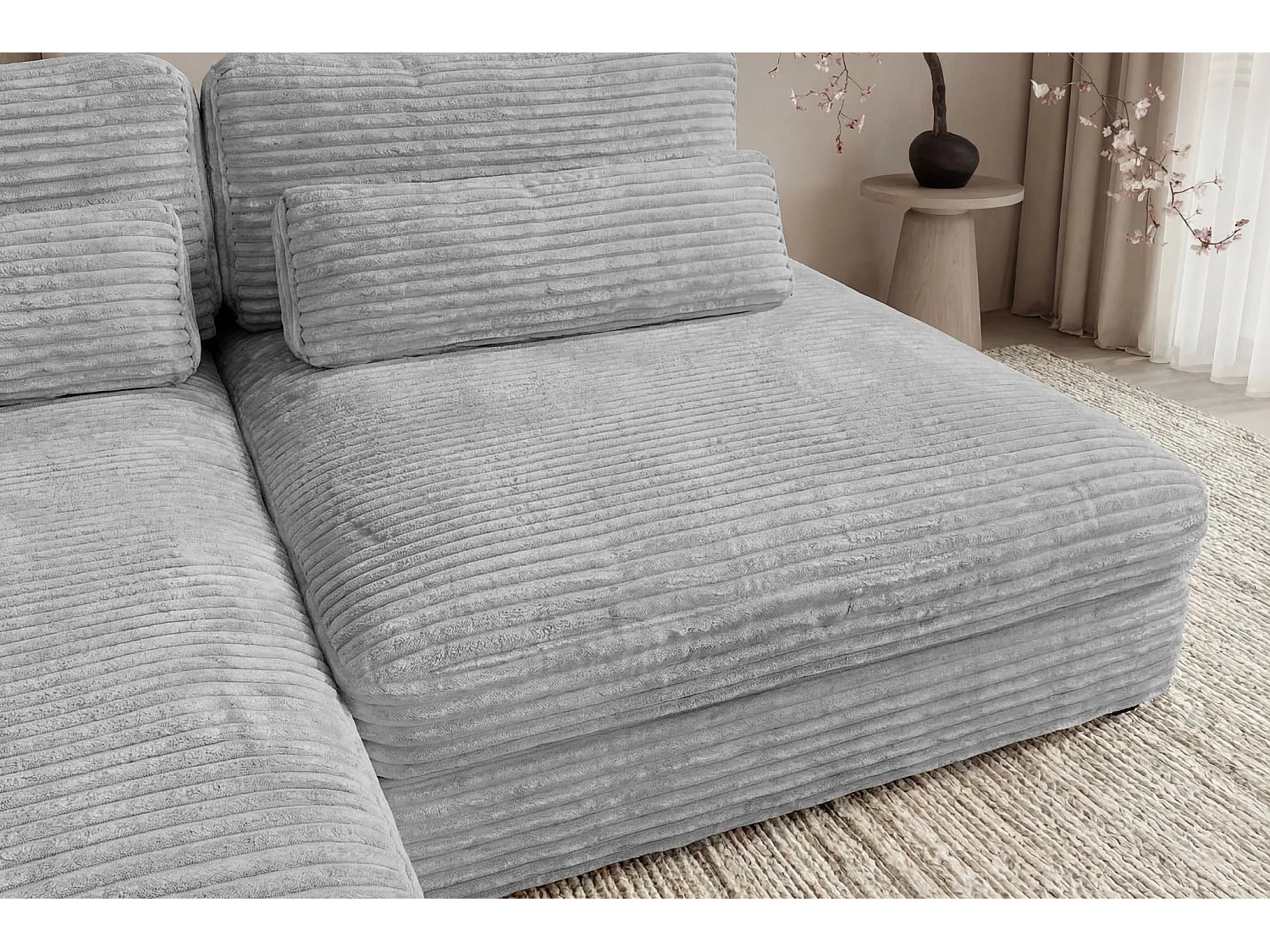 AGATHE - Canapé d'angle convertible gros velours côtelé 4 places - Gris clair - Gauche