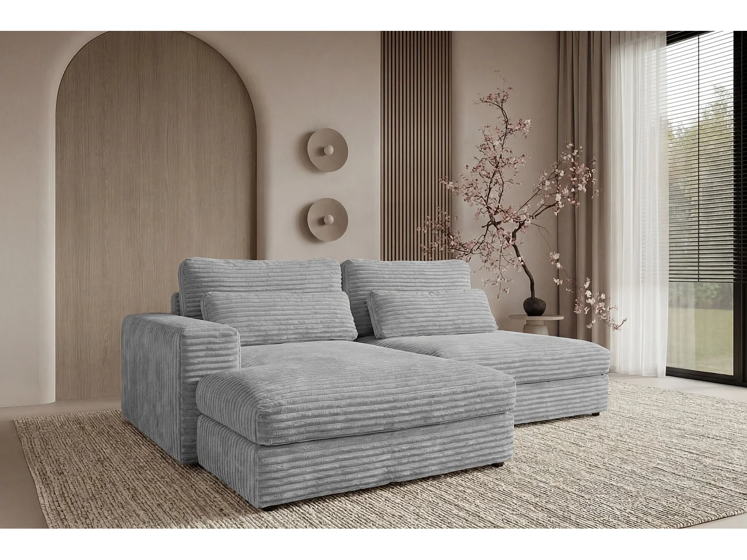 AGATHE - Canapé d'angle convertible gros velours côtelé 4 places - Gris clair - Gauche