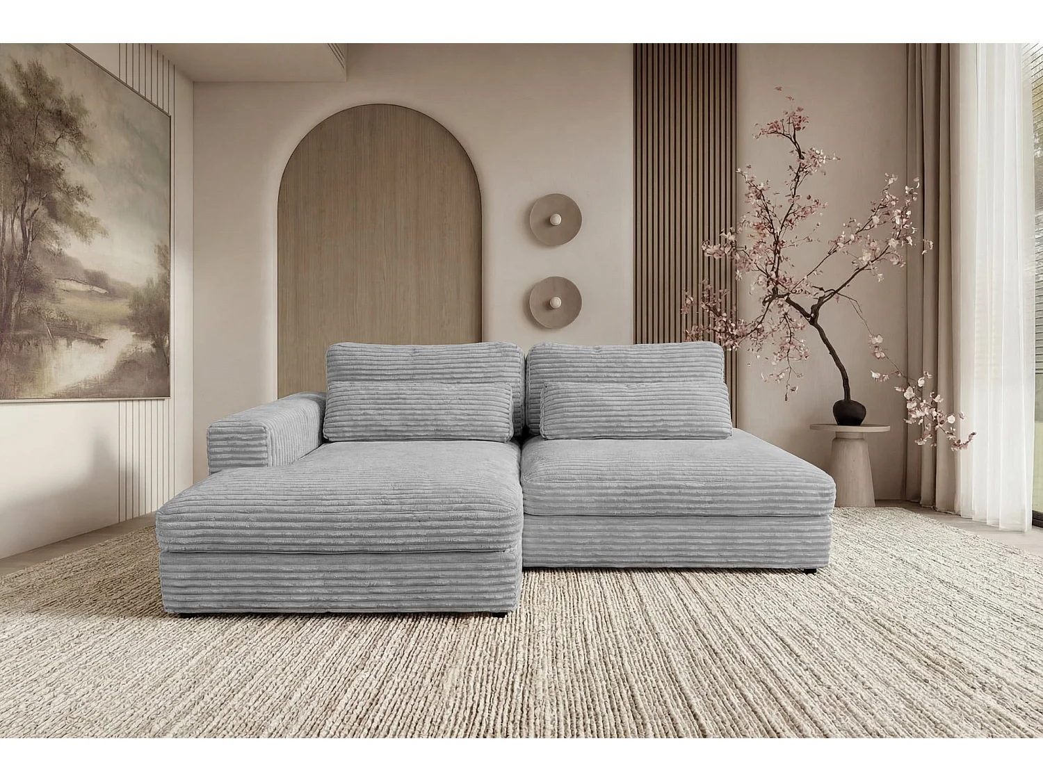 AGATHE - Canapé d'angle convertible gros velours côtelé 4 places - Gris clair - Gauche