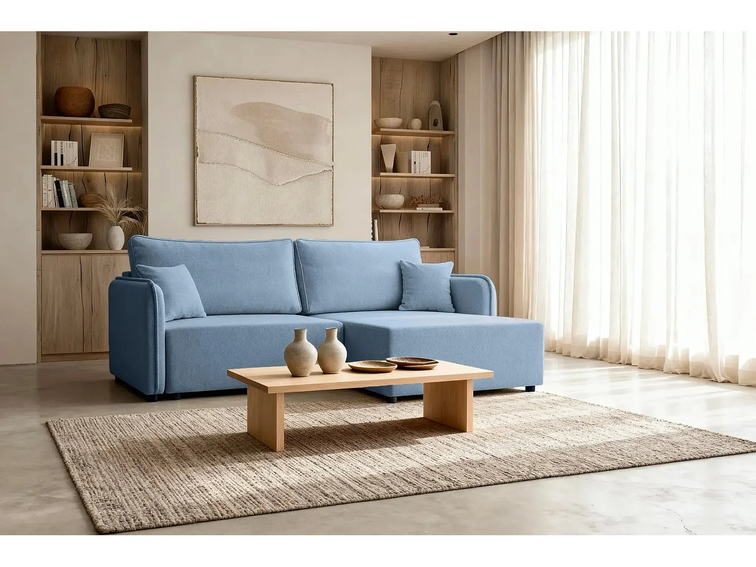 BONNIE - Canapé d'angle convertible tissu lisse 3 places - Bleu - Droit