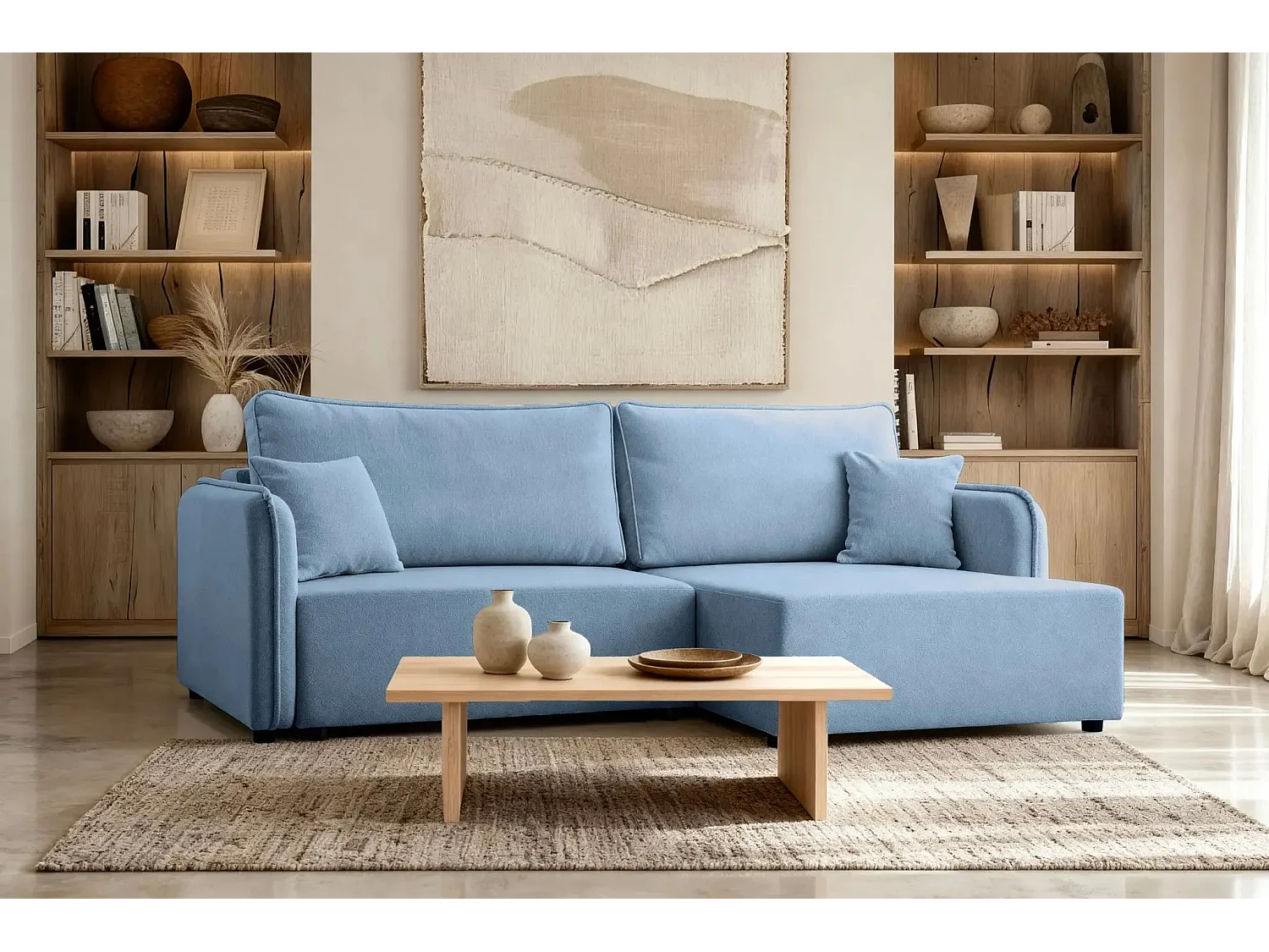 BONNIE - Canapé d'angle convertible tissu lisse 3 places - Bleu - Droit