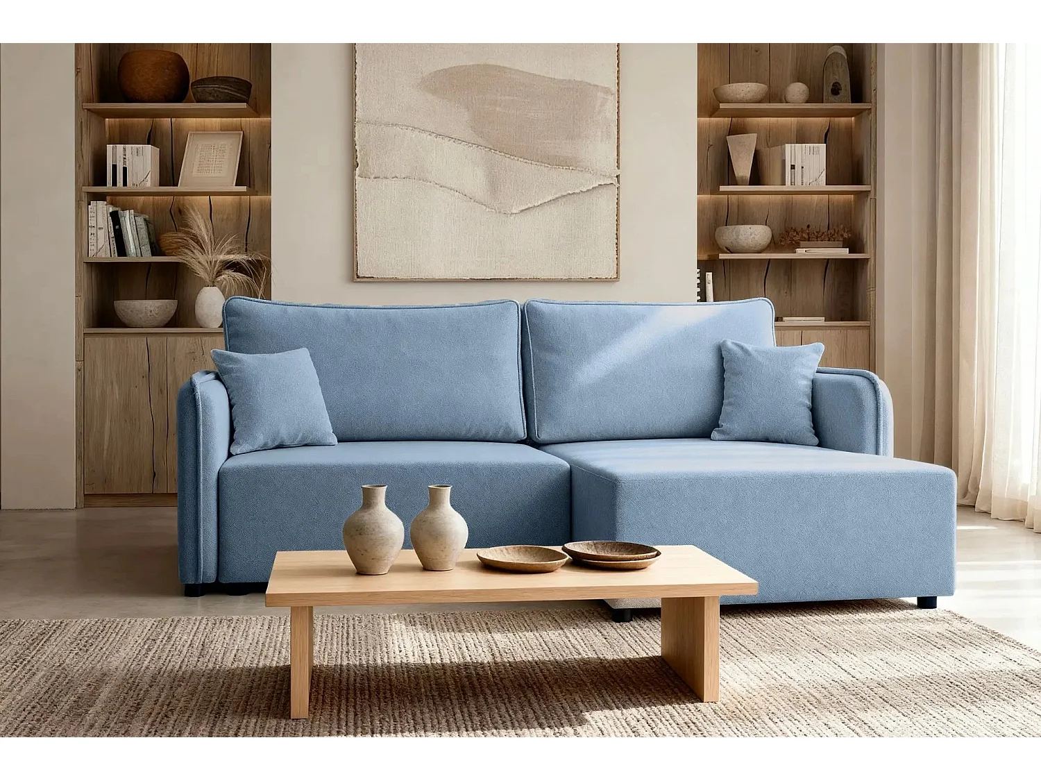 BONNIE - Canapé d'angle convertible tissu lisse 3 places - Bleu - Droit