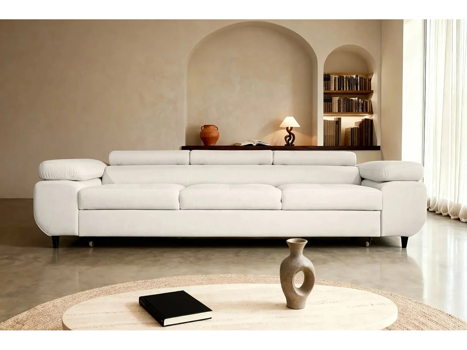 Canapé convertible 3 places en tissu chiné beige CHARLIE