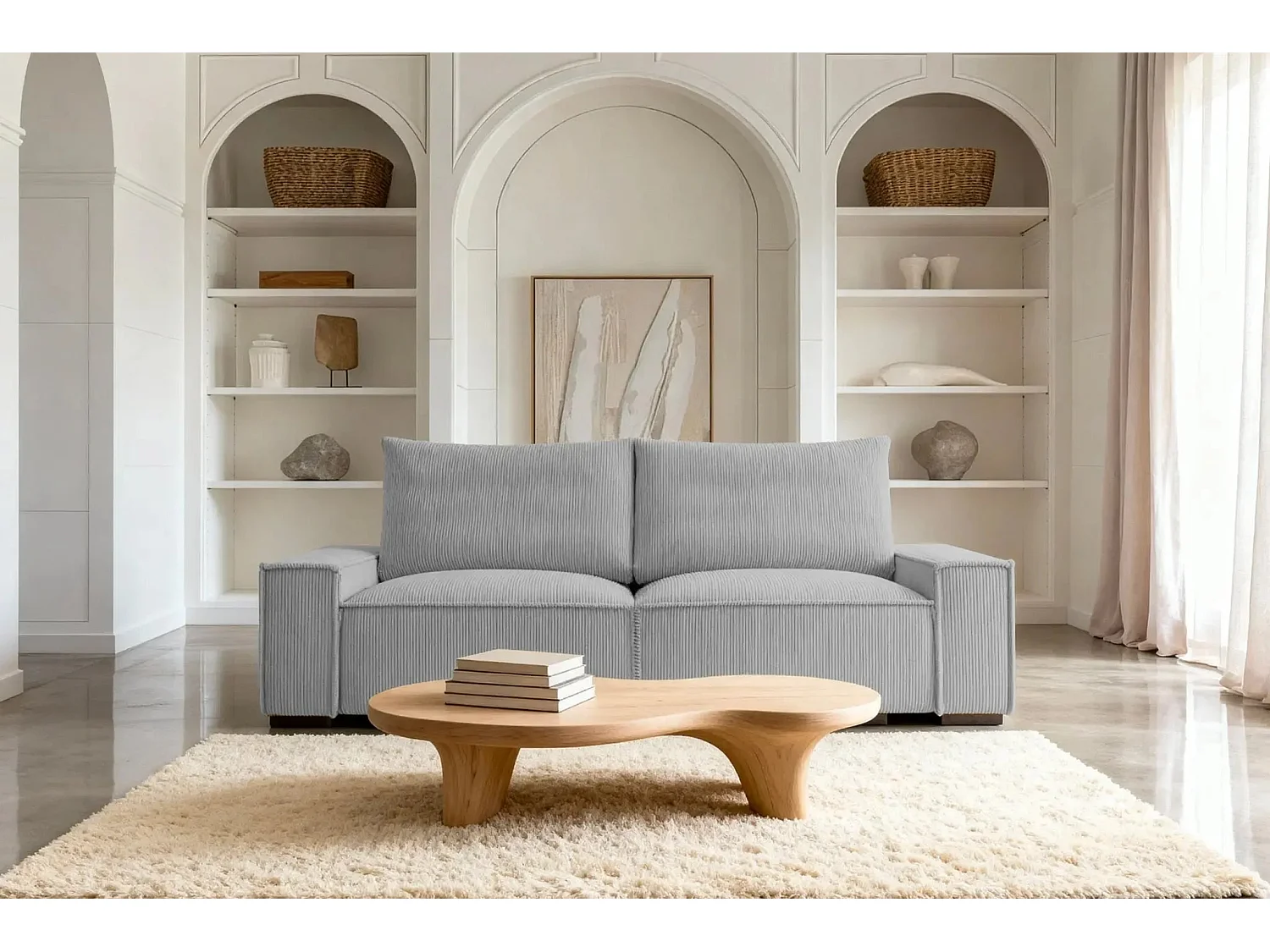 CLARY - Canapé droit convertible velours côtelé 2 places - Gris clair