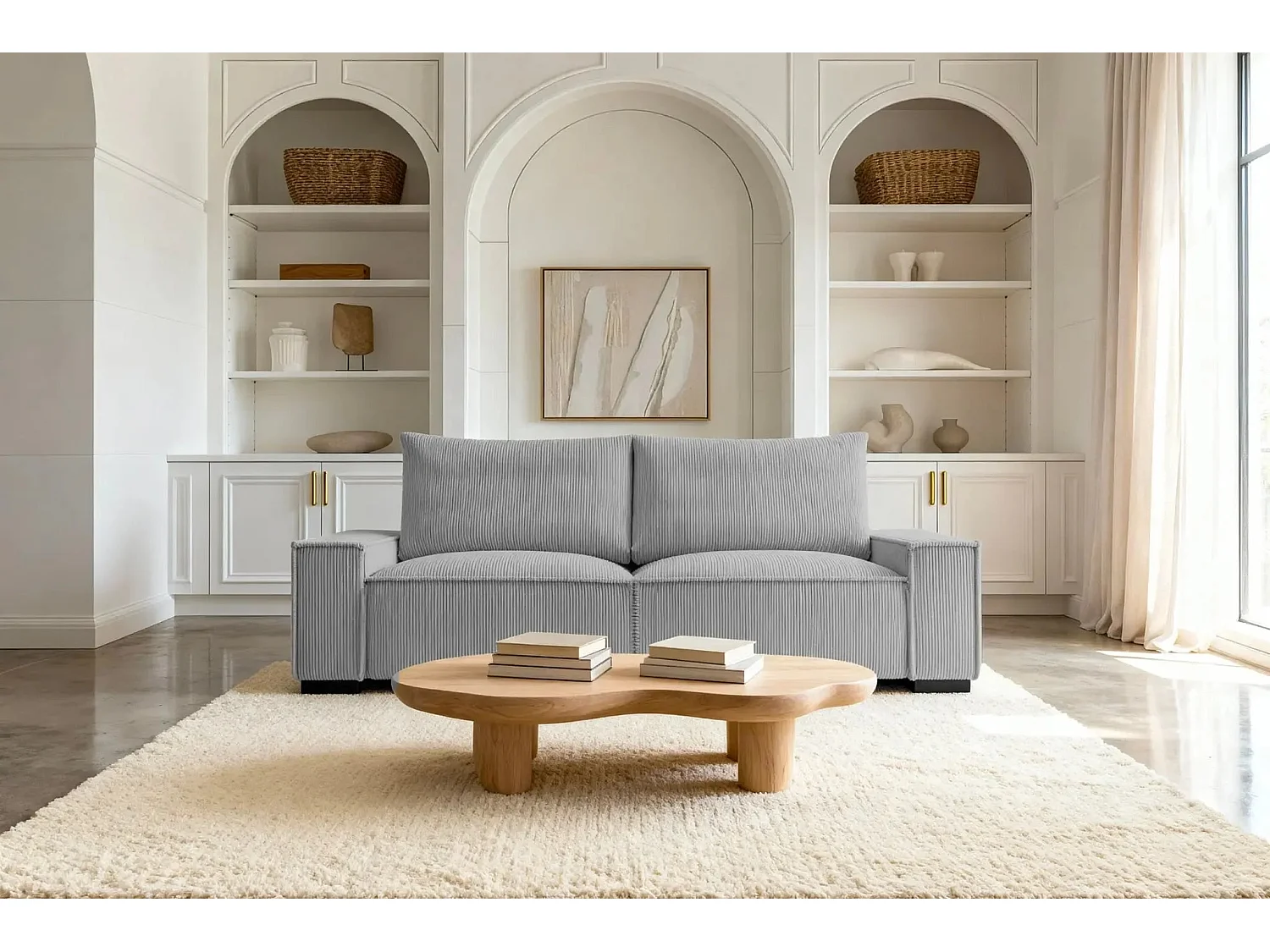 CLARY - Canapé droit convertible velours côtelé 2 places - Gris clair