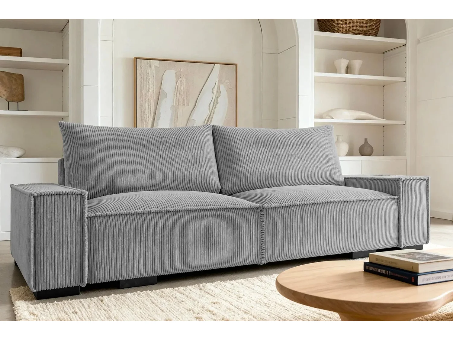 CLARY - Canapé droit convertible velours côtelé 2 places - Gris clair