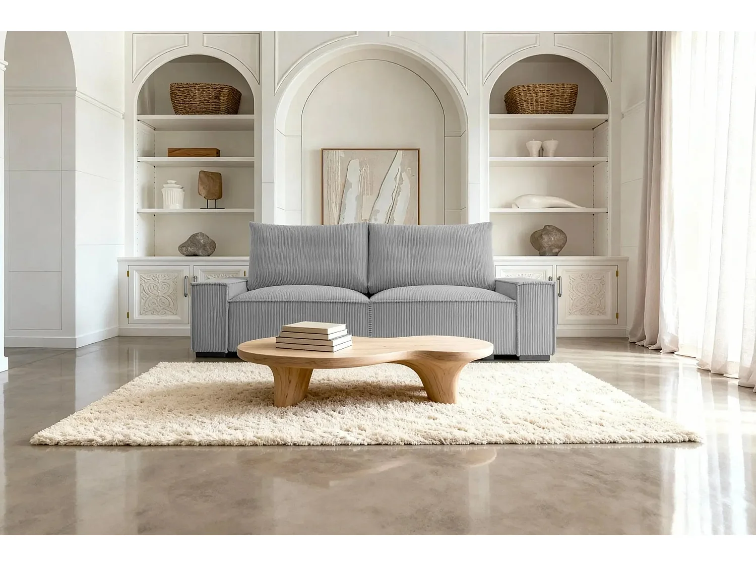 CLARY - Canapé droit convertible velours côtelé 2 places - Gris clair