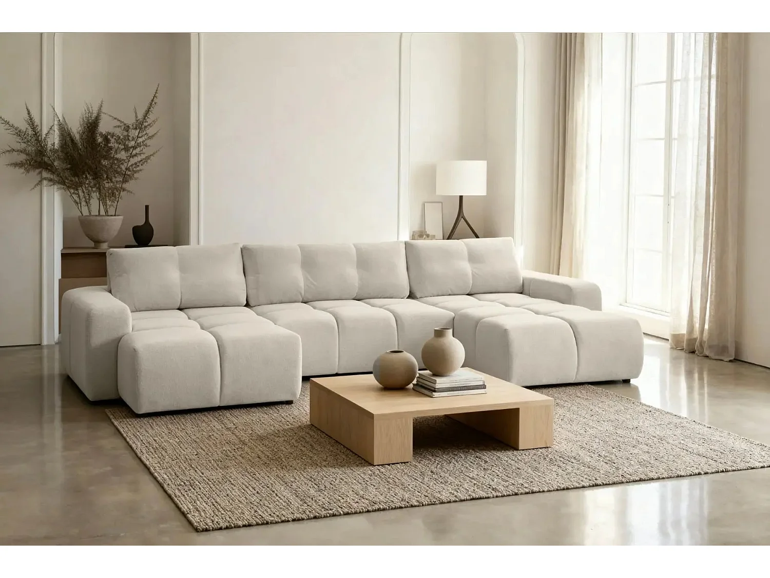 CONSTANCE - Canapé panoramique convertible tissu chenille 5 places - Beige