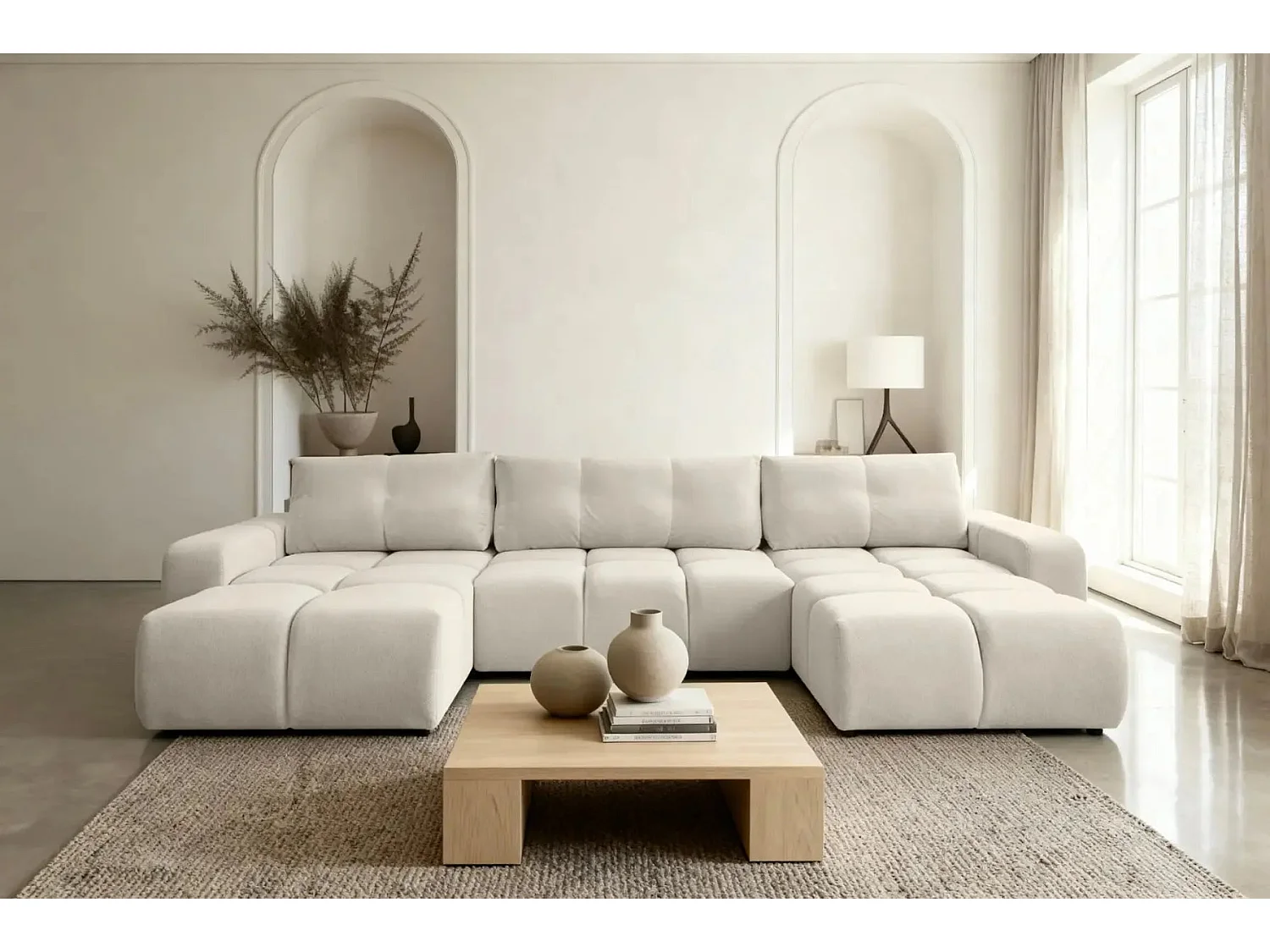 CONSTANCE - Canapé panoramique convertible tissu chenille 5 places - Beige