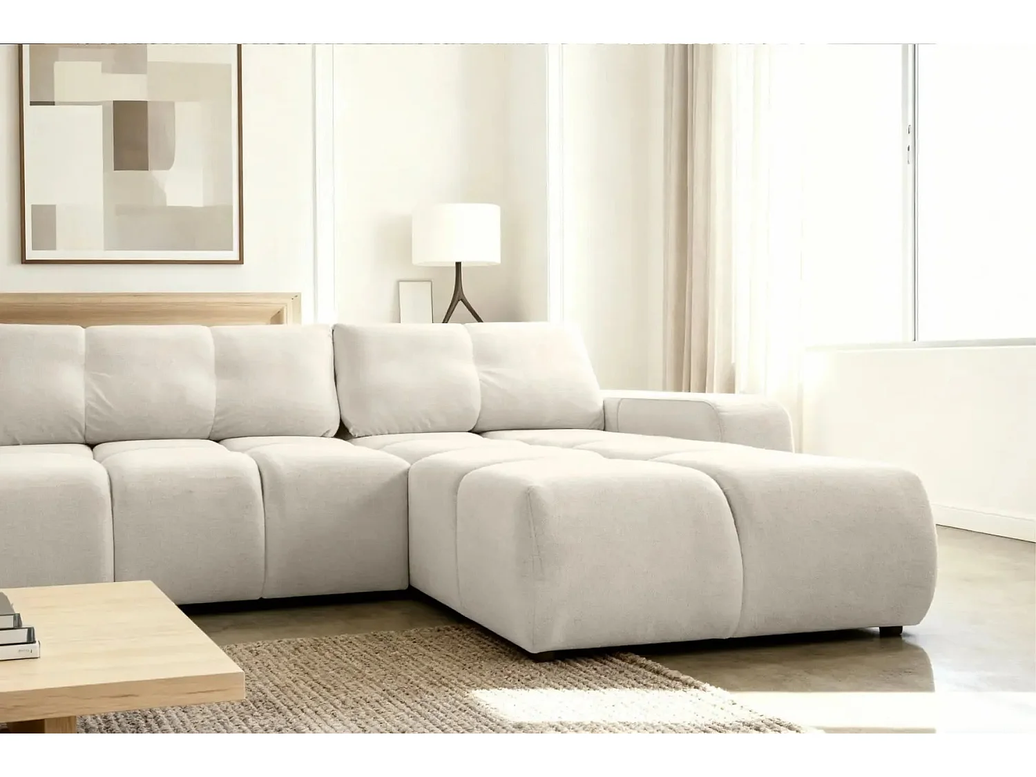 CONSTANCE - Canapé panoramique convertible tissu chenille 5 places - Beige