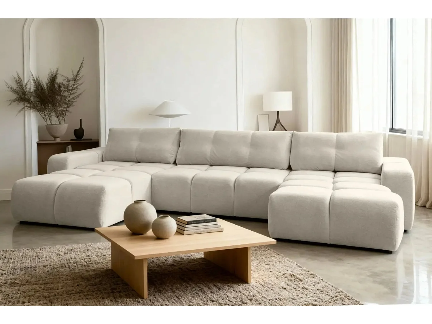 CONSTANCE - Canapé panoramique convertible tissu chenille 5 places - Beige