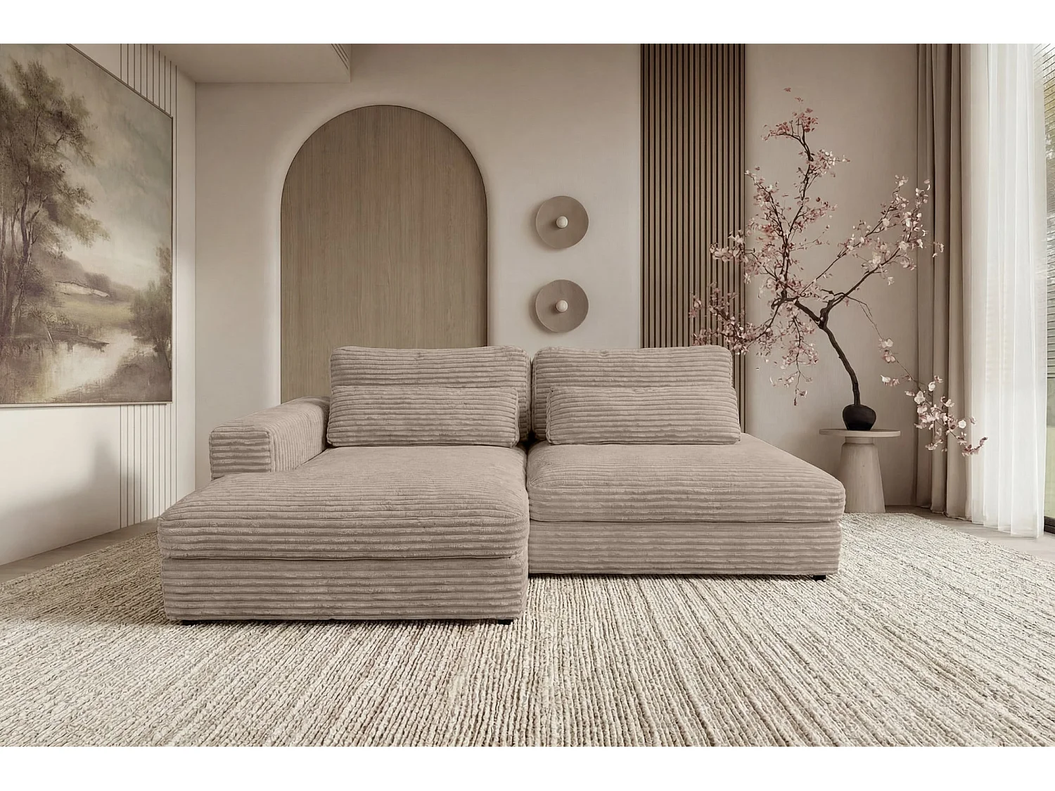 AGATHE - Canapé d'angle convertible gros velours côtelé 4 places - Café - Gauche