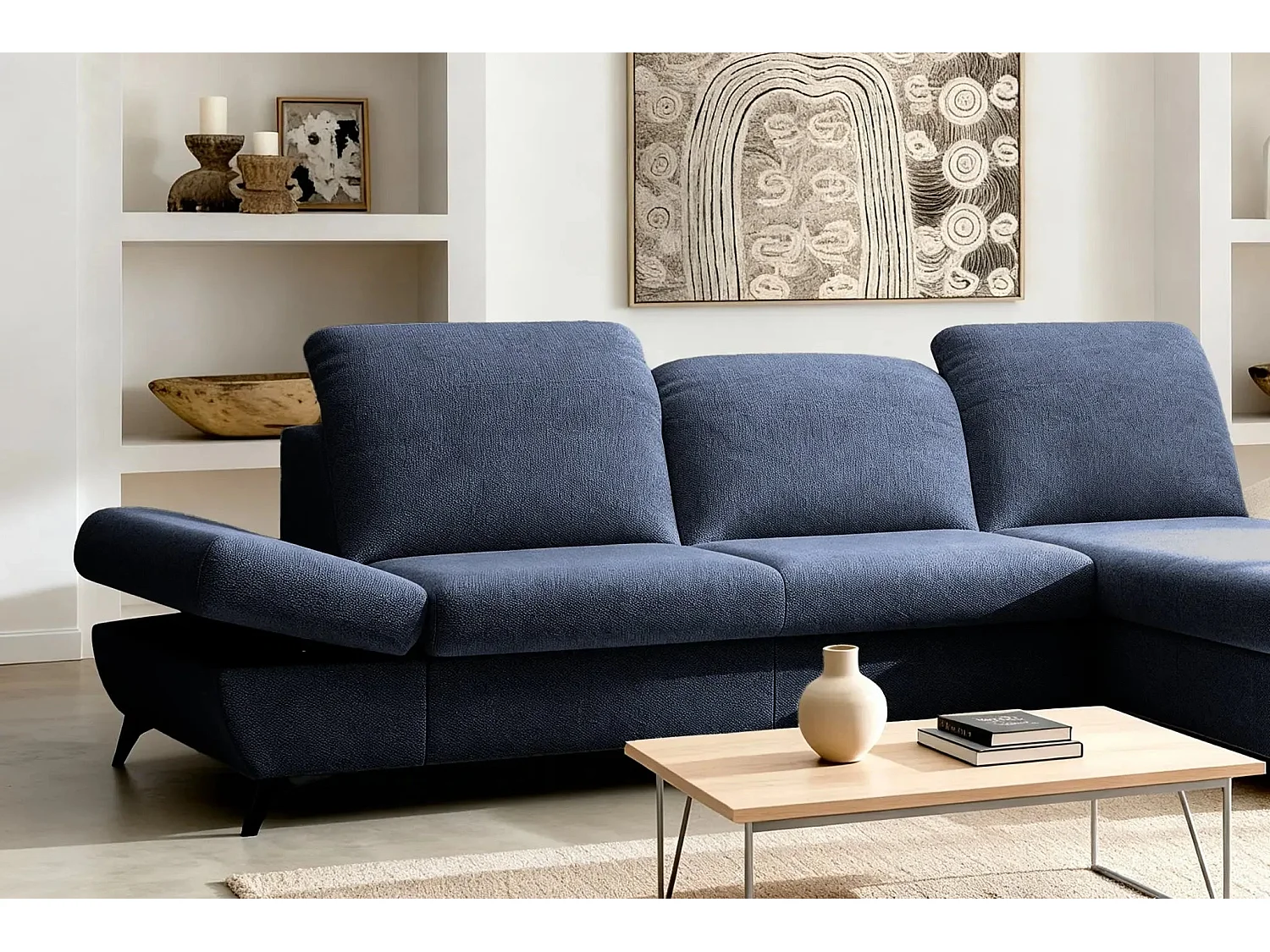 LIVIA - Canapé d'angle convertible tissu chiné 4 places - Bleu - Gauche