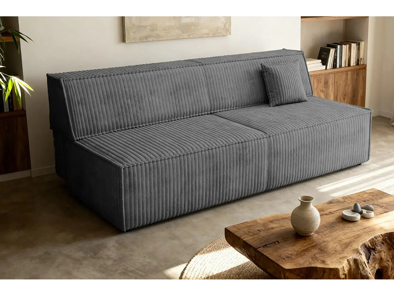 BURANO - Canapé droit convertible velours côtelé 2 places - Gris foncé
