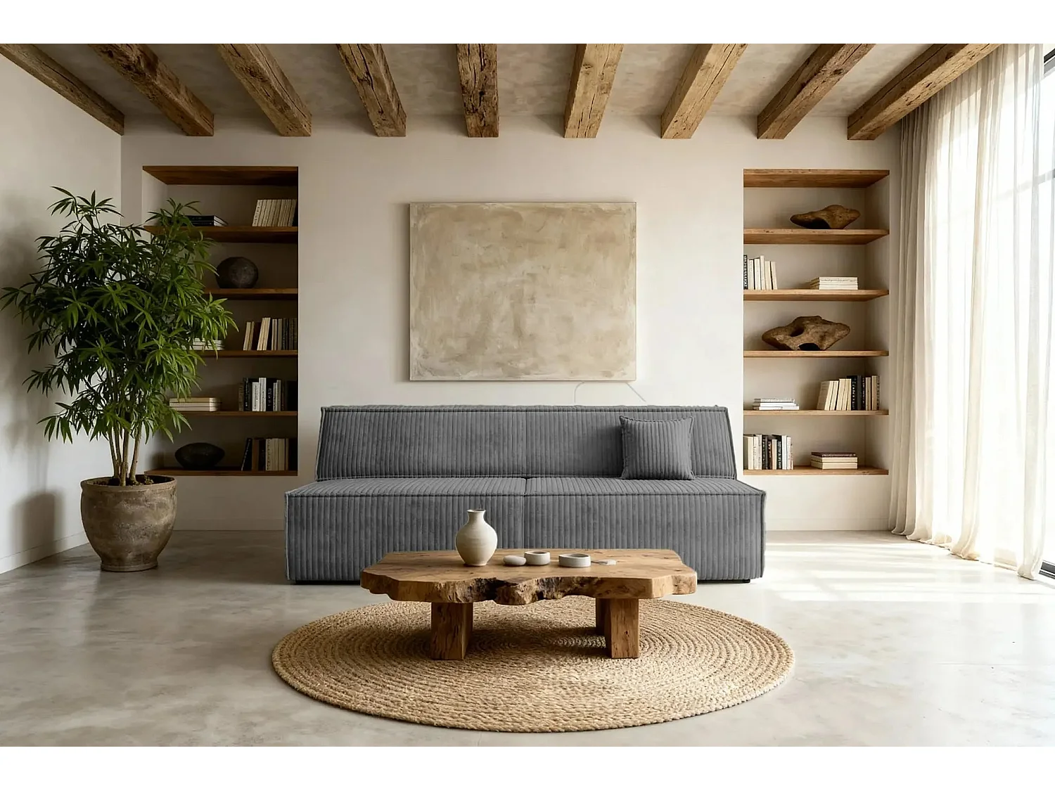 BURANO - Canapé droit convertible velours côtelé 2 places - Gris foncé